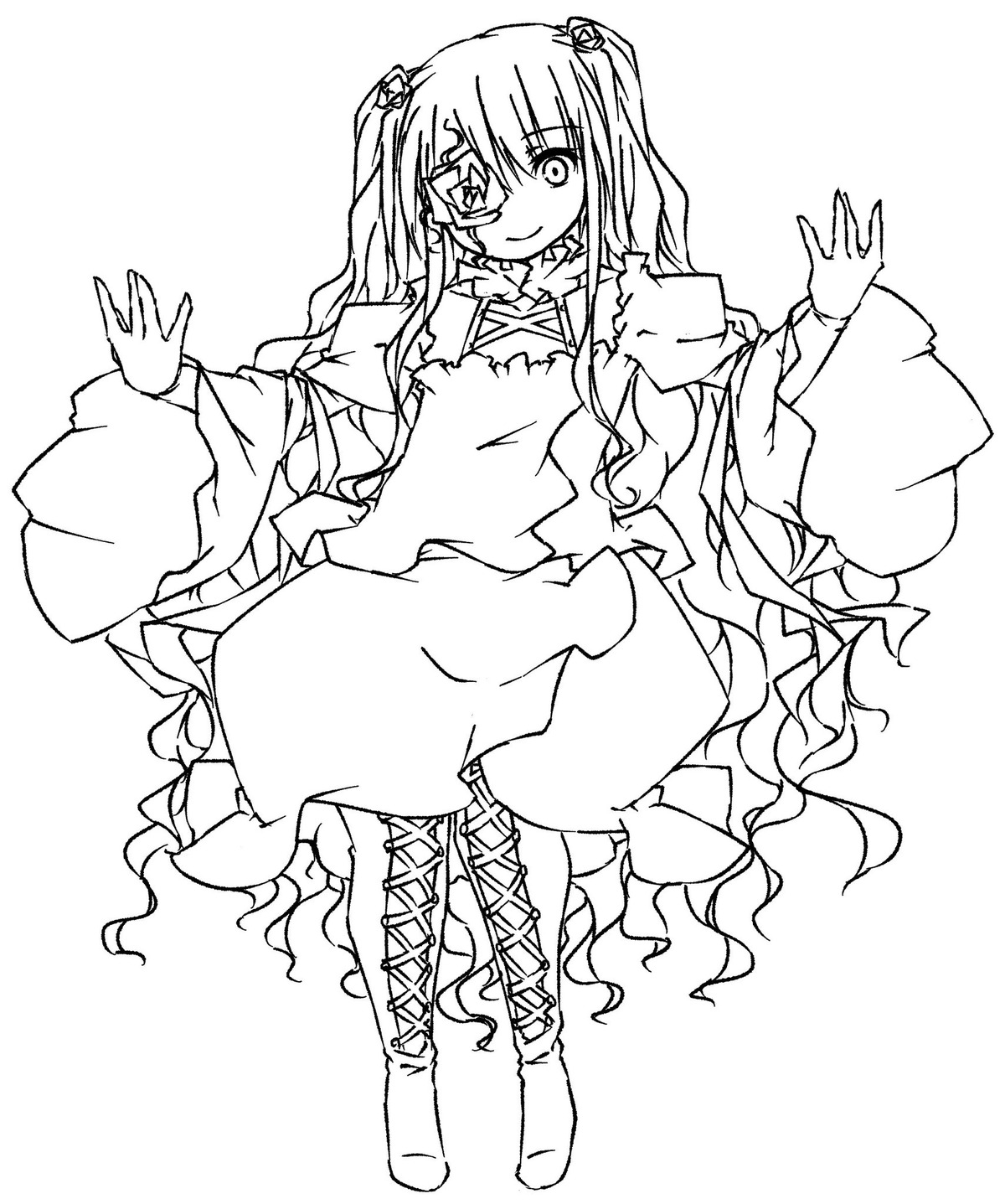 1girl boots cross-laced_footwear dress full_body greyscale hair_ornament image kirakishou lace-up_boots lineart long_hair long_sleeves looking_at_viewer monochrome smile solo two_side_up wide_sleeves