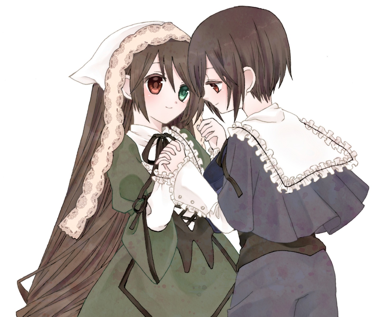 2girls brown_hair dress frills green_dress green_eyes head_scarf heterochromia holding_hands image incest interlocked_fingers long_hair long_sleeves multiple_girls pair red_eyes short_hair siblings sisters smile souseiseki striped striped_background suiseiseki twins