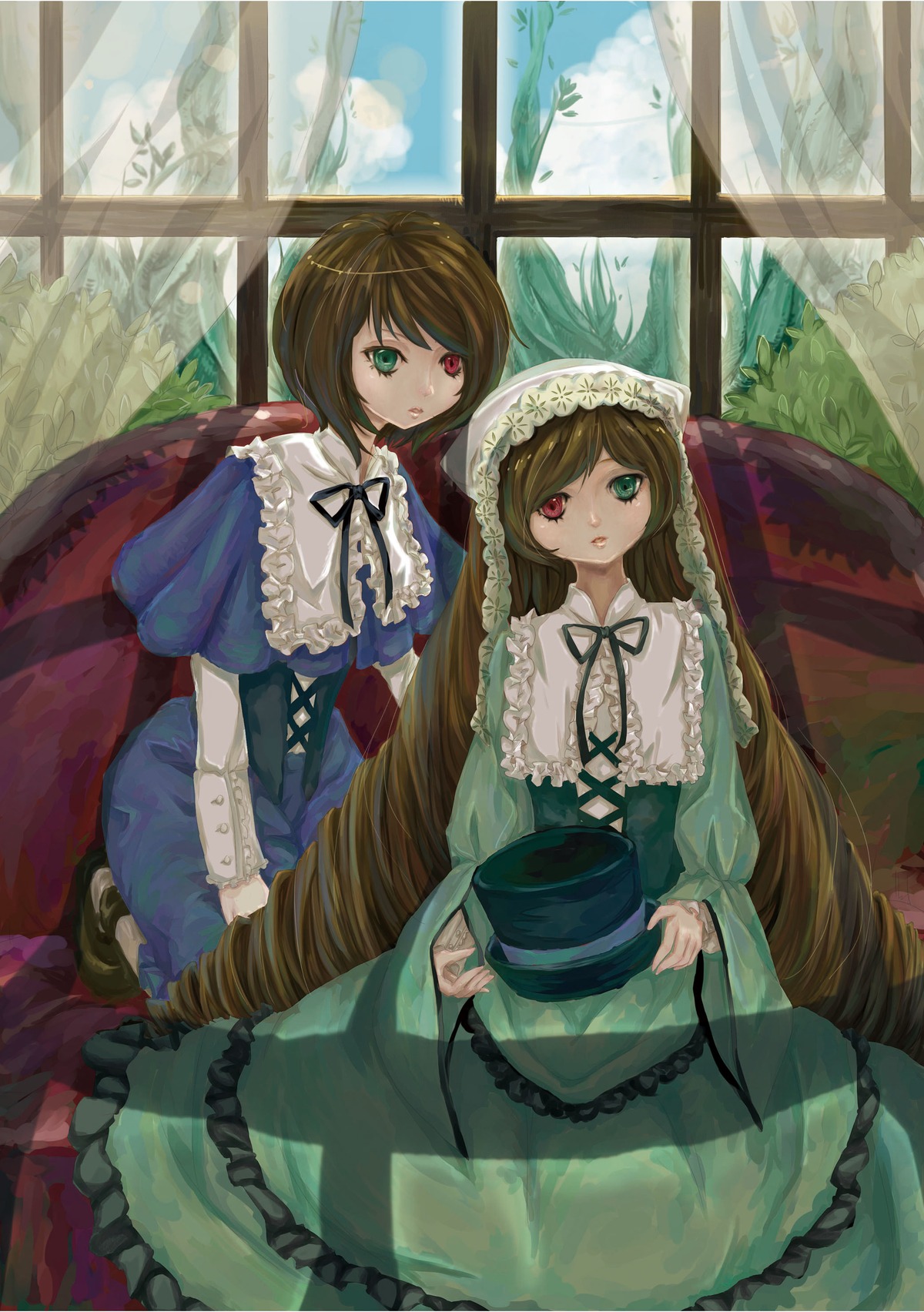 2girls brown_hair dress frills green_dress green_eyes heterochromia image long_hair long_sleeves multiple_girls pair red_eyes short_hair siblings sisters souseiseki suiseiseki twins very_long_hair watering_can window