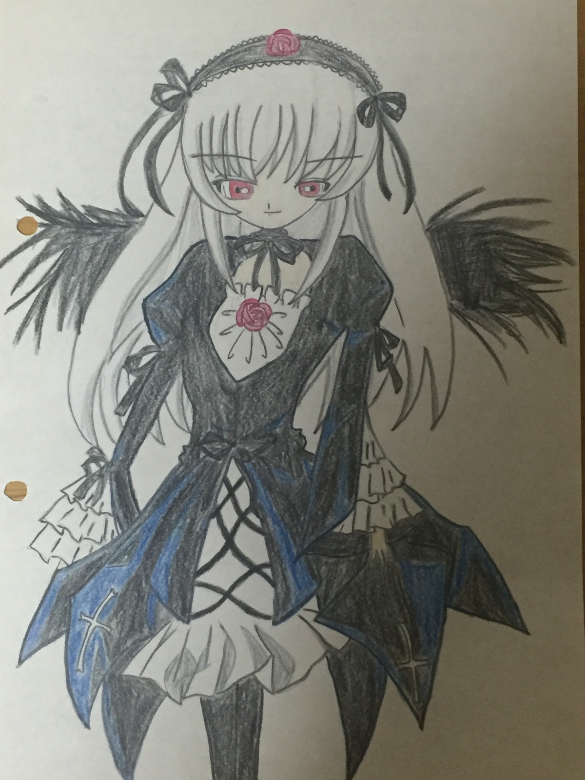 1girl colored_pencil_(medium) dress flower frills hairband image juliet_sleeves long_hair long_sleeves looking_at_viewer marker_(medium) photo pink_eyes puffy_sleeves rose solo suigintou traditional_media wings