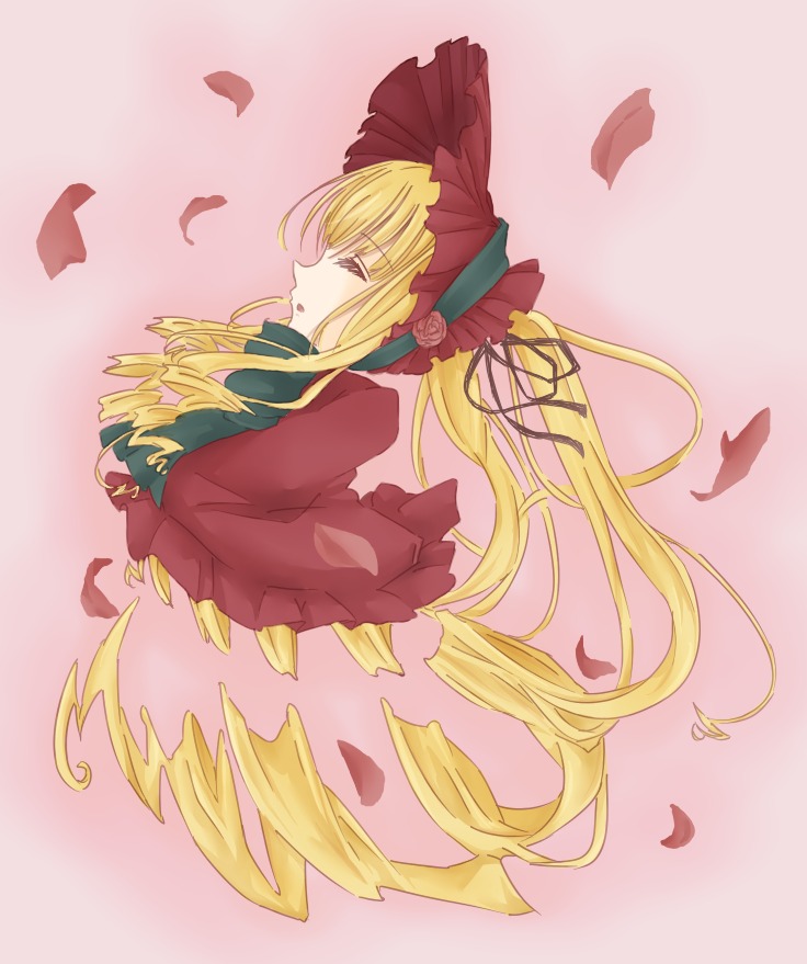 1girl blonde_hair bonnet bow closed_eyes dress flower image long_hair long_sleeves petals pink_background red_dress rose shinku sleeping solo striped twintails very_long_hair