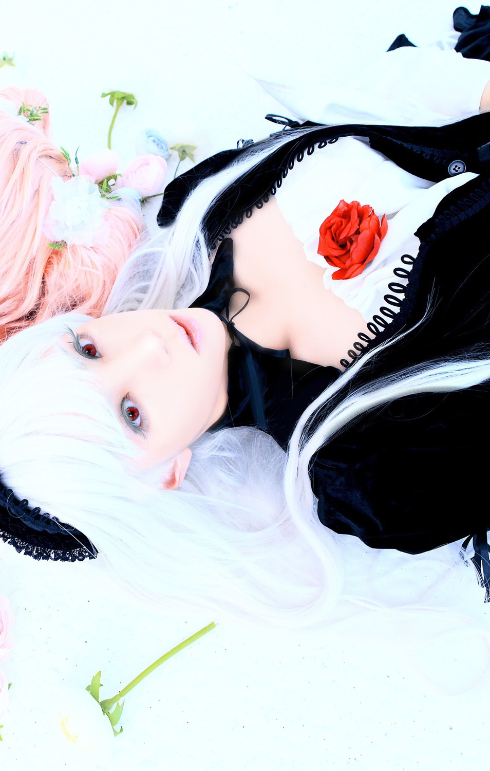 1girl bug butterfly eyelashes flower hairband insect lace lips long_hair red_eyes red_flower red_rose rose solo suigintou upper_body white_hair