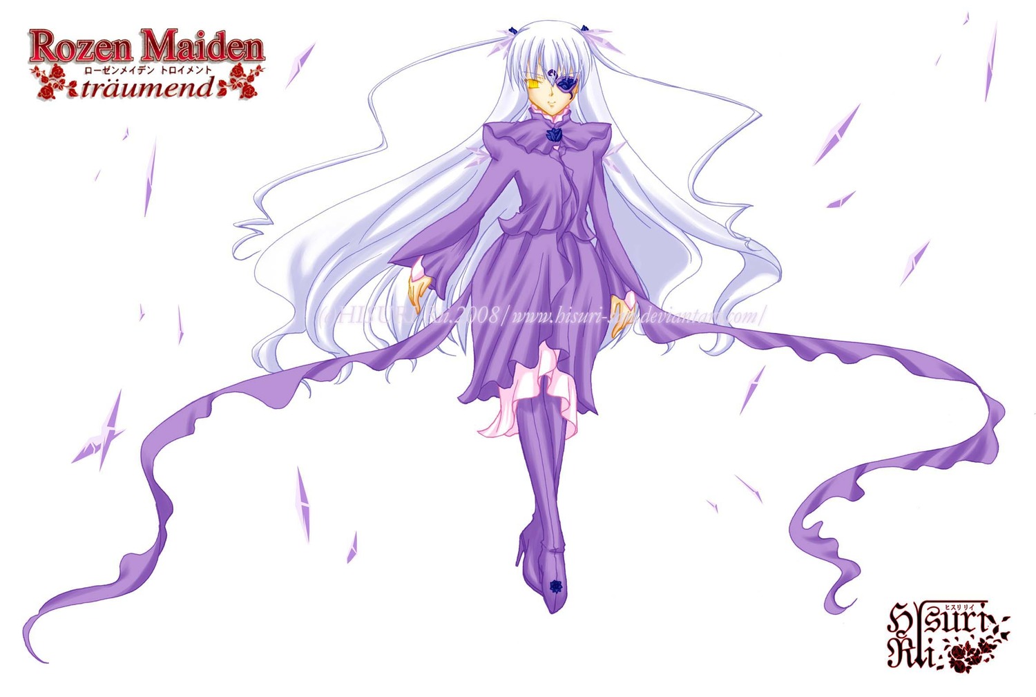 1girl barasuishou character_name copyright_name dated dress floating full_body heterochromia image long_hair long_sleeves puffy_sleeves purple_dress purple_eyes purple_flower purple_legwear solo standing striped vertical-striped_dress vertical_stripes very_long_hair white_background white_hair yellow_eyes