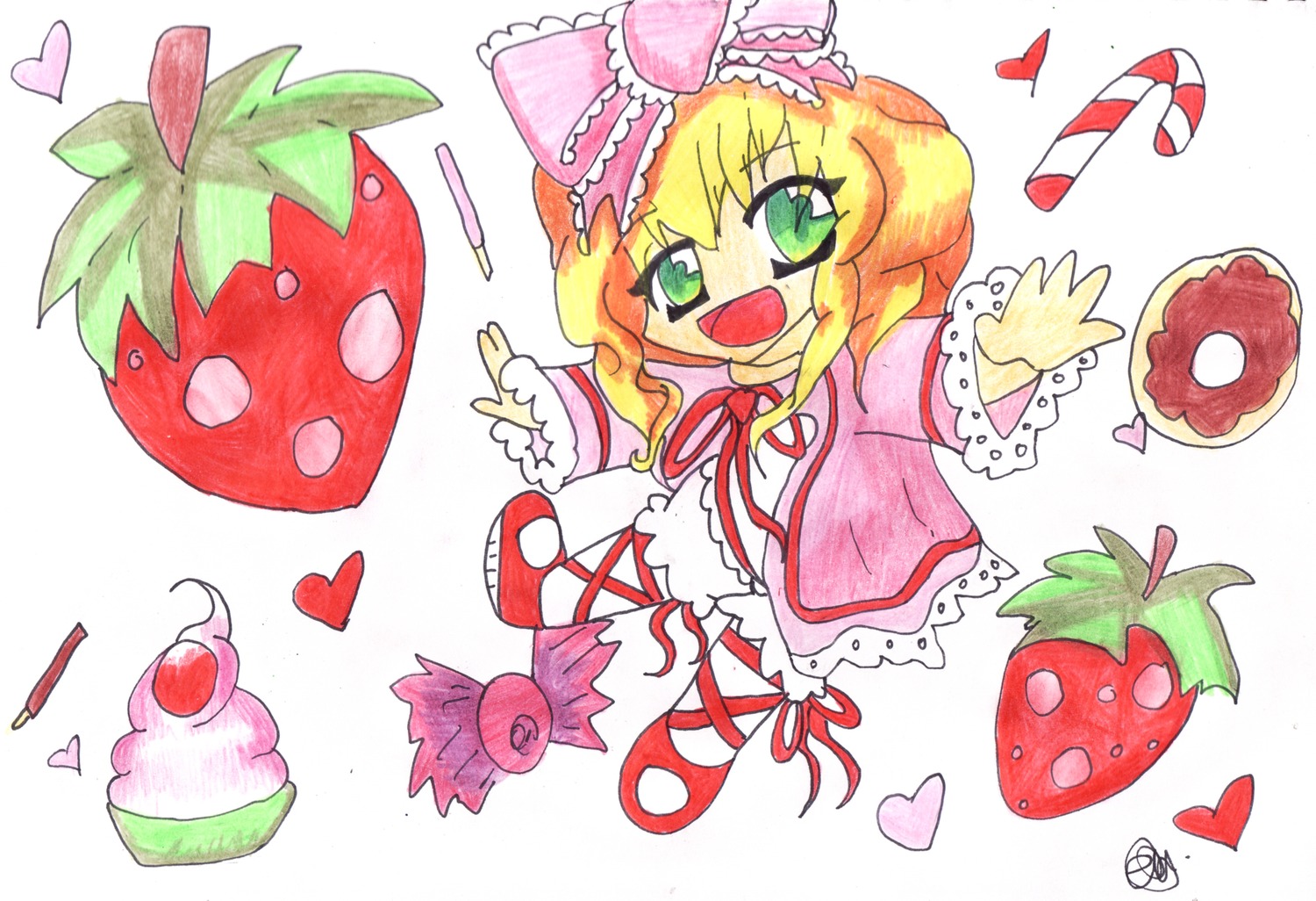 1girl :d auto_tagged blonde_hair bow cake chibi dress food fruit green_eyes heart hina_ichigo hinaichigo image long_sleeves open_mouth pink_bow red_footwear shoes short_hair smile solo strawberry striped traditional_media watermelon