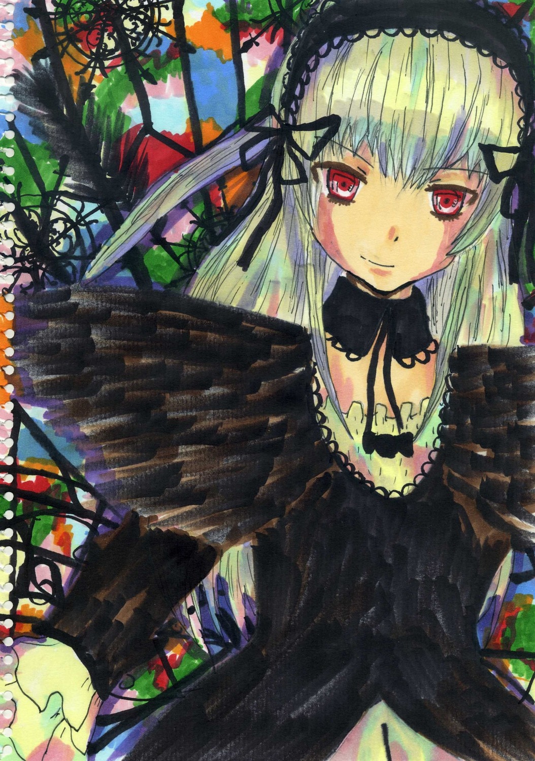 1girl black_dress black_wings dress flower frills hairband image lolita_hairband long_hair long_sleeves looking_at_viewer red_eyes ribbon silver_hair smile solo suigintou traditional_media wings