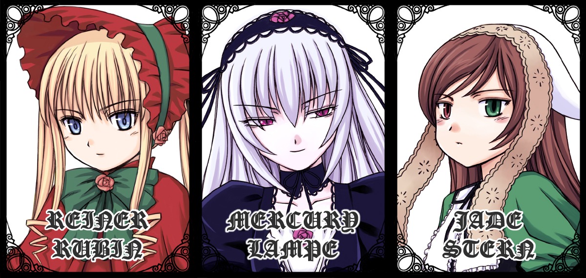 3girls blonde_hair blue_eyes brown_hair commentary_request dress flower frills german_text gothic_lolita green_bow green_eyes green_neckwear hairband hat heterochromia image lace lolita_fashion long_hair long_sleeves looking_at_viewer multiple multiple_girls orebalgum red_eyes ribbon rose rozen_maiden shinku silver_hair simple_background smile suigintou suiseiseki tagme twintails white_background white_hair