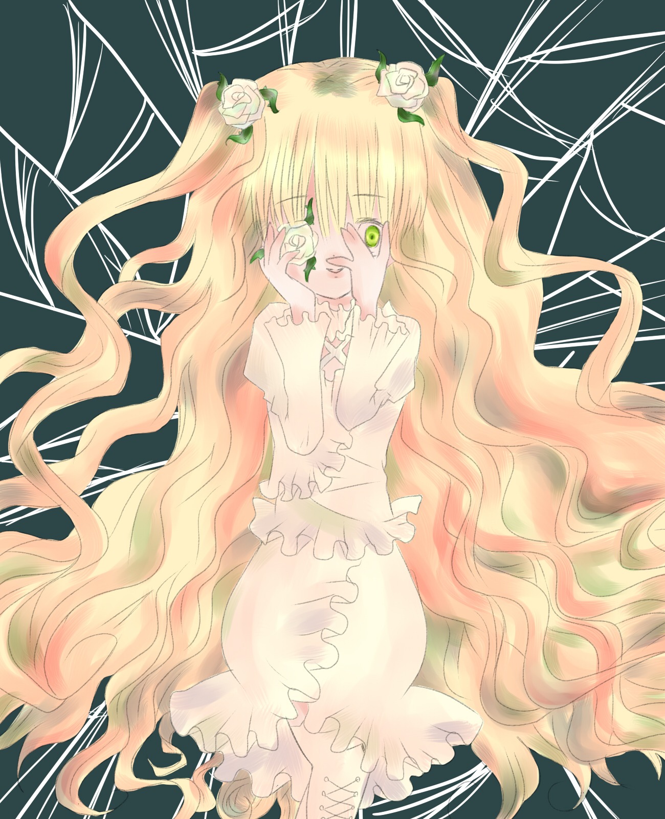 1girl blonde_hair dress flower frills green_eyes hair_flower hair_ornament hands_on_own_face image kirakishou long_hair rose solo thorns two_side_up very_long_hair vines wavy_hair