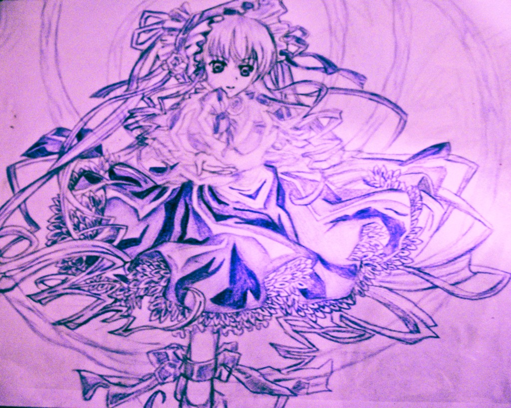 1girl dress frills full_body hat image long_hair long_sleeves looking_at_viewer monochrome pink_theme purple_background purple_theme shinku solo