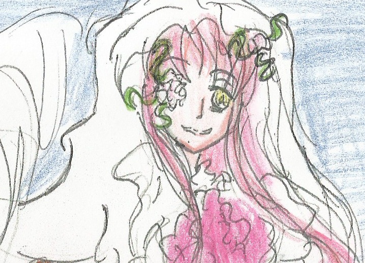 1girl bridal_veil image kirakishou long_hair monster_girl pink_hair smile solo traditional_media veil yellow_eyes