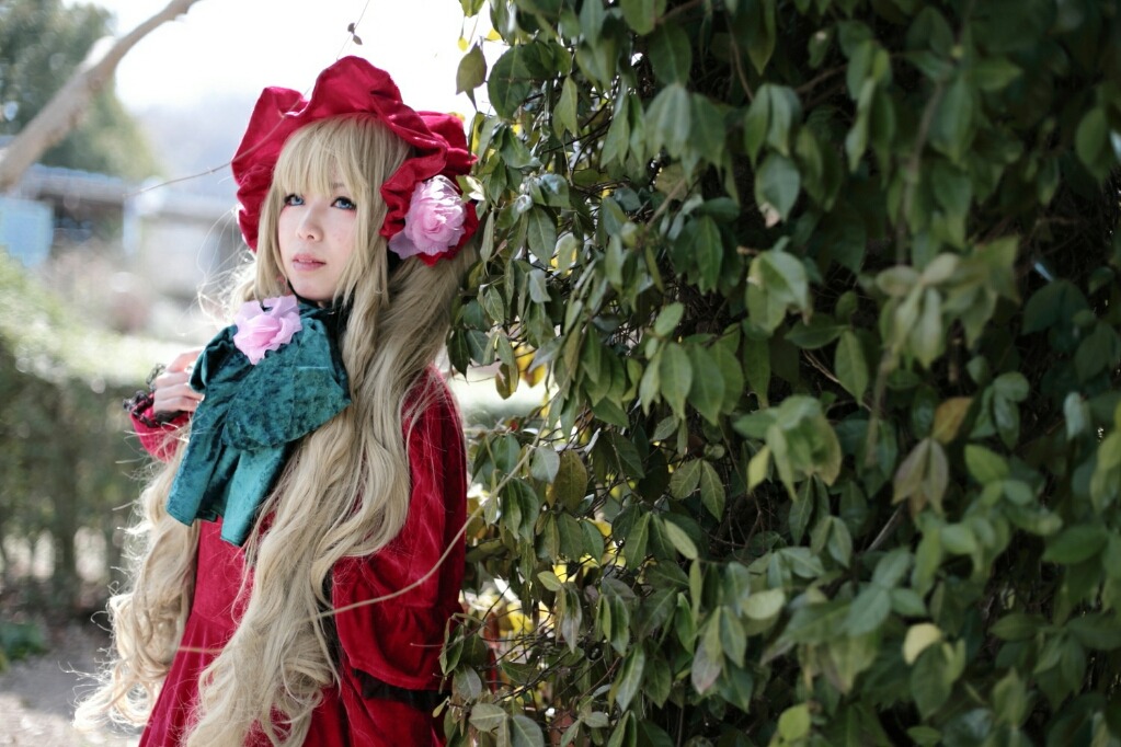 1girl blonde_hair blue_eyes blurry bonnet depth_of_field dress flower lips long_hair looking_at_viewer red_dress shinku solo very_long_hair