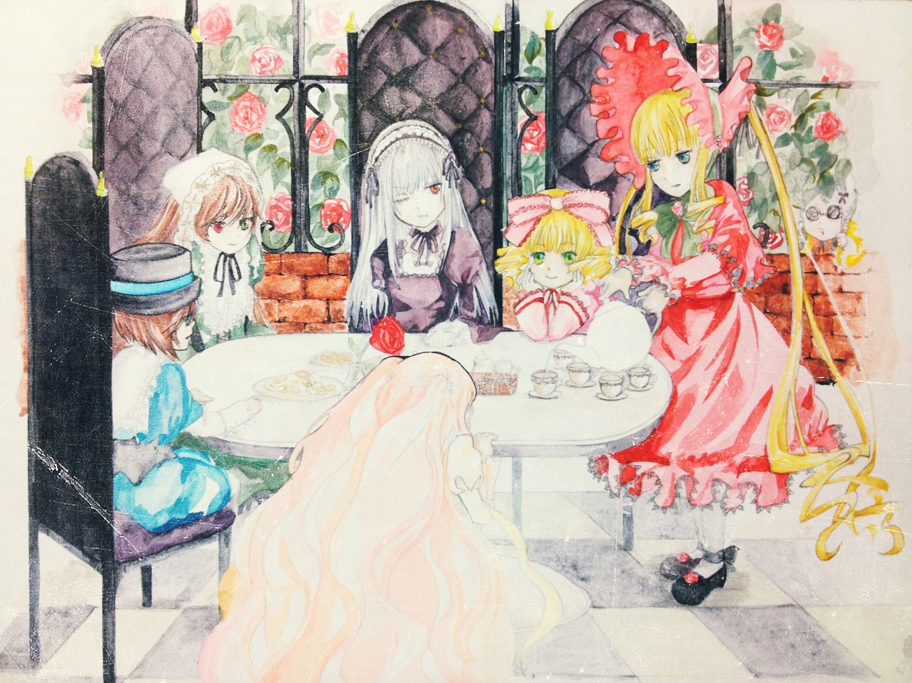 auto_tagged blonde_hair blue_eyes bonnet bow brown_hair dress eyepatch flower hat hina_ichigo image long_hair looking_at_viewer multiple multiple_girls pink_bow red_eyes rose shinku silver_hair souseiseki suigintou suiseiseki tagme traditional_media watercolor_(medium)