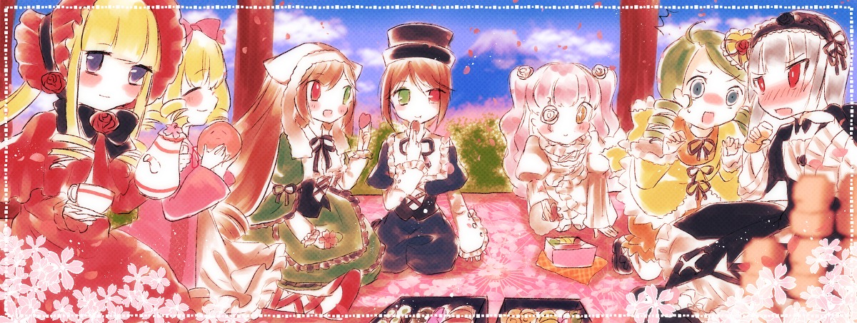 6+girls blonde_hair blue_eyes blush bonnet bow brown_hair cup dress flower food frills hat heterochromia hina_ichigo image lolita_fashion long_hair multiple multiple_girls open_mouth pink_bow pink_hair red_eyes rose shinku smile souseiseki suigintou suiseiseki tagme top_hat twintails