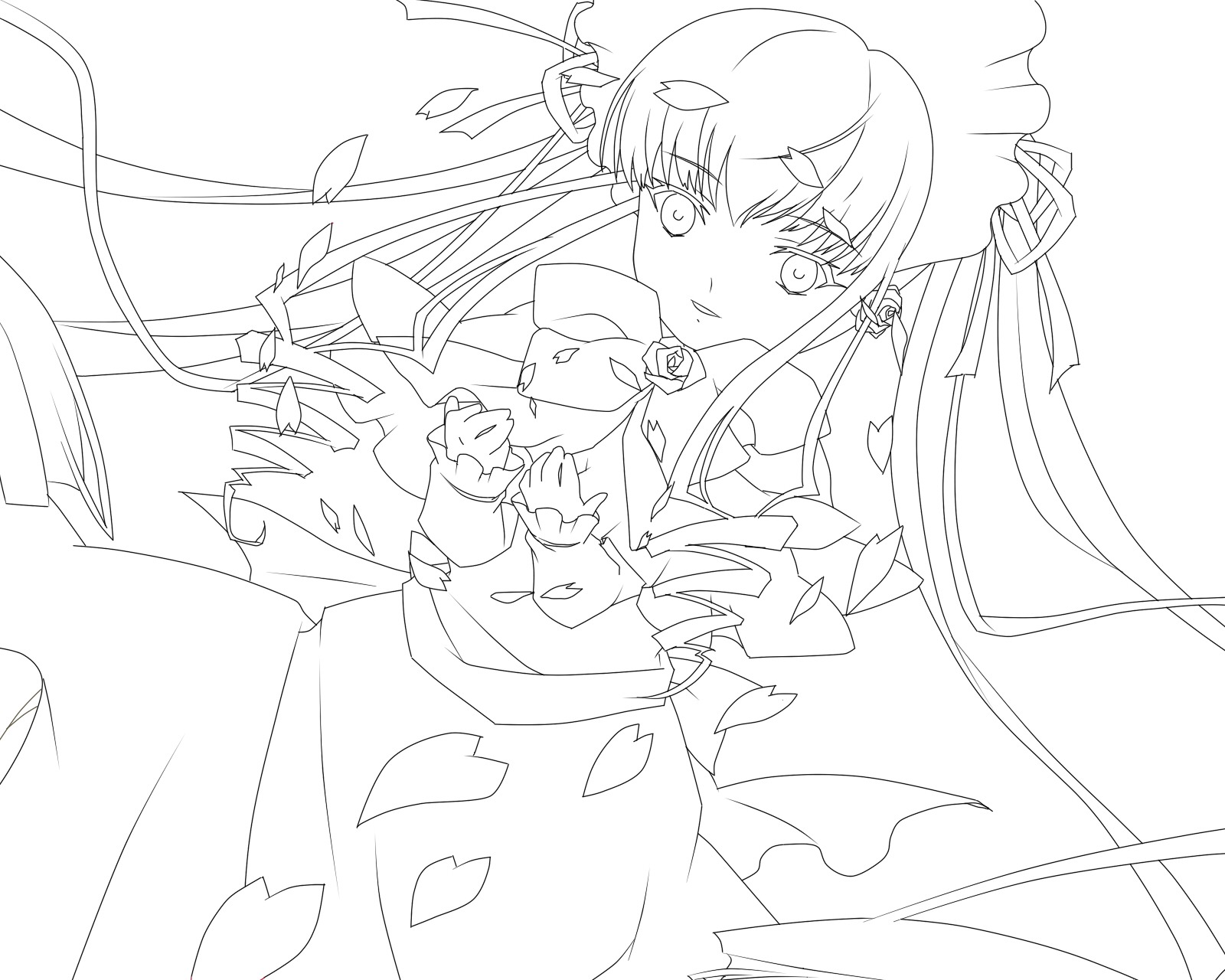 1girl bangs dress drill_hair flower greyscale image lineart long_hair long_sleeves looking_at_viewer monochrome petals rose shinku simple_background solo striped white_background