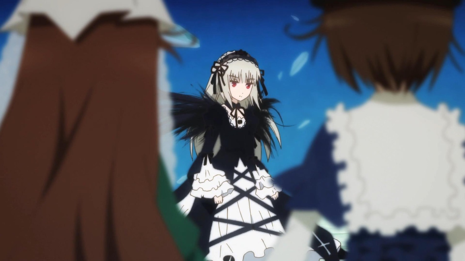 1boy 1girl 2girls black_dress black_wings blurry blurry_background blurry_foreground depth_of_field dress flower frills hairband image long_hair long_sleeves motion_blur multiple multiple_girls red_eyes ribbon silver_hair solo_focus suigintou tagme wings