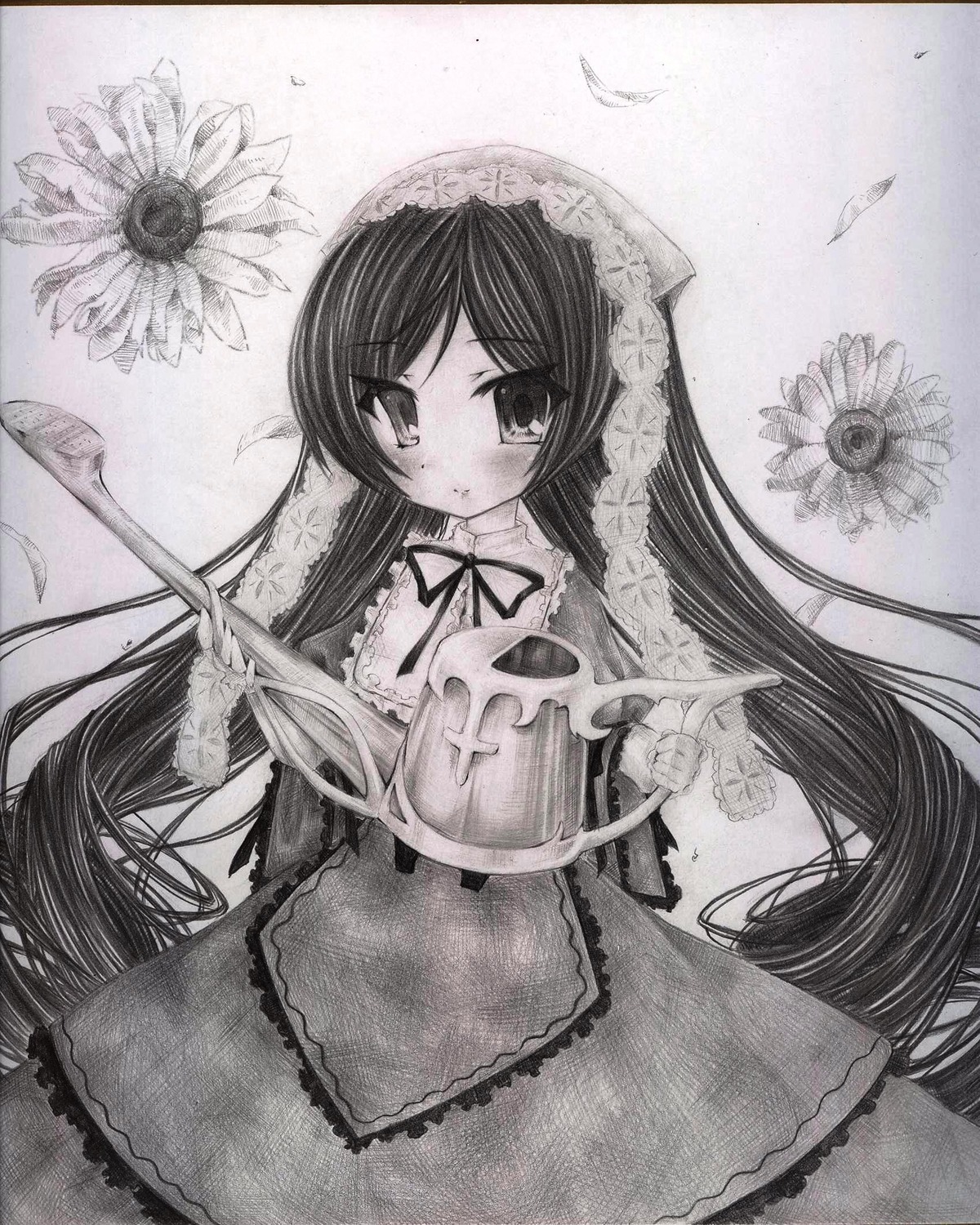 1girl blush dress flower frills greyscale image lace long_hair long_sleeves looking_at_viewer monochrome ribbon solo suiseiseki sunflower traditional_media underwear very_long_hair