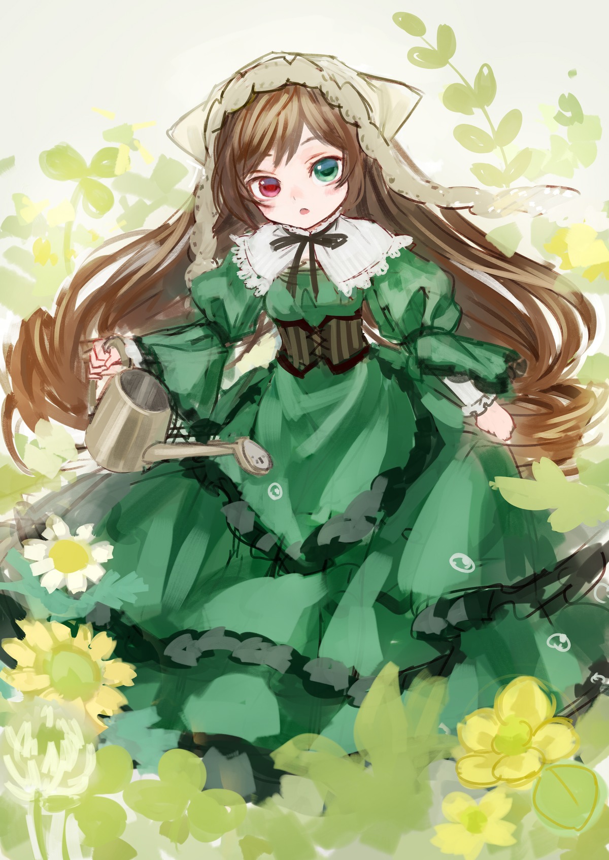 1girl absurdres ama-tou brown_hair capelet commentary_request corset dress flower frills green_dress green_eyes hairband heterochromia highres image long_hair long_sleeves looking_at_viewer open_mouth red_eyes rozen_maiden solo suiseiseki very_long_hair watering watering_can