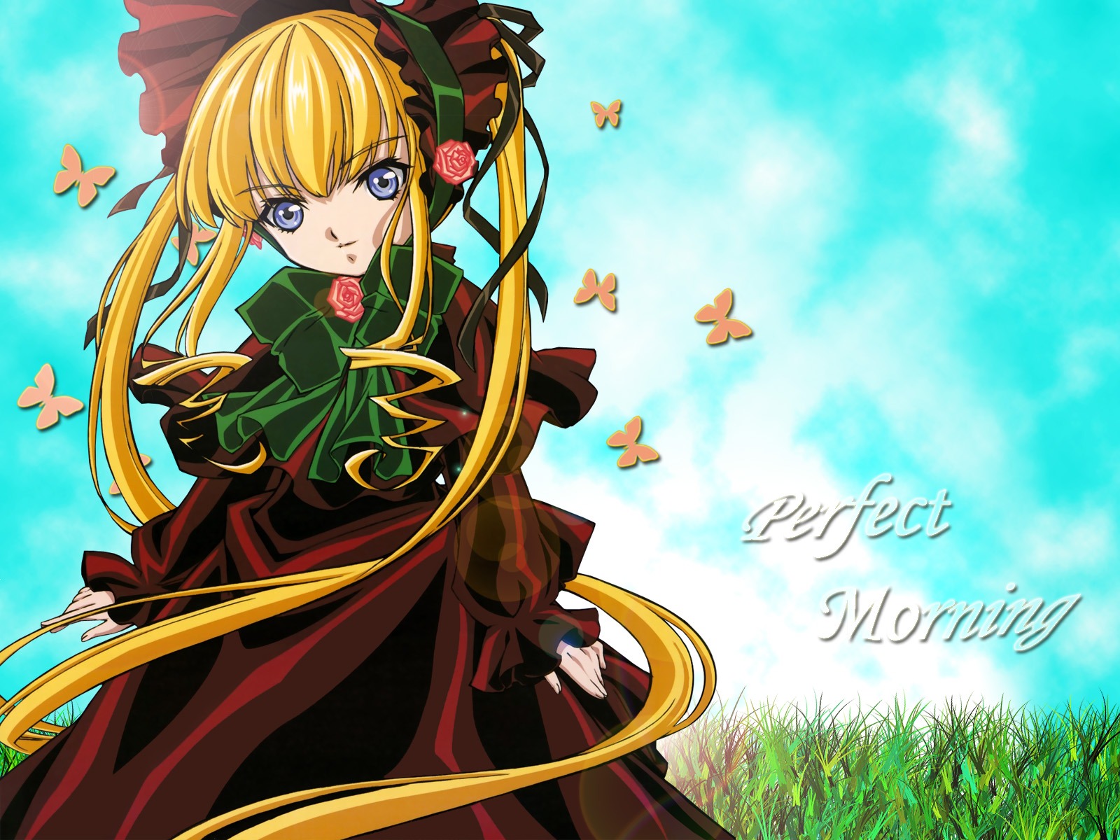 1girl blonde_hair blue_butterfly blue_eyes bonnet bow bowtie bug butterfly dress flower green_bow green_neckwear image insect long_hair long_sleeves pink_rose rose shinku sidelocks solo