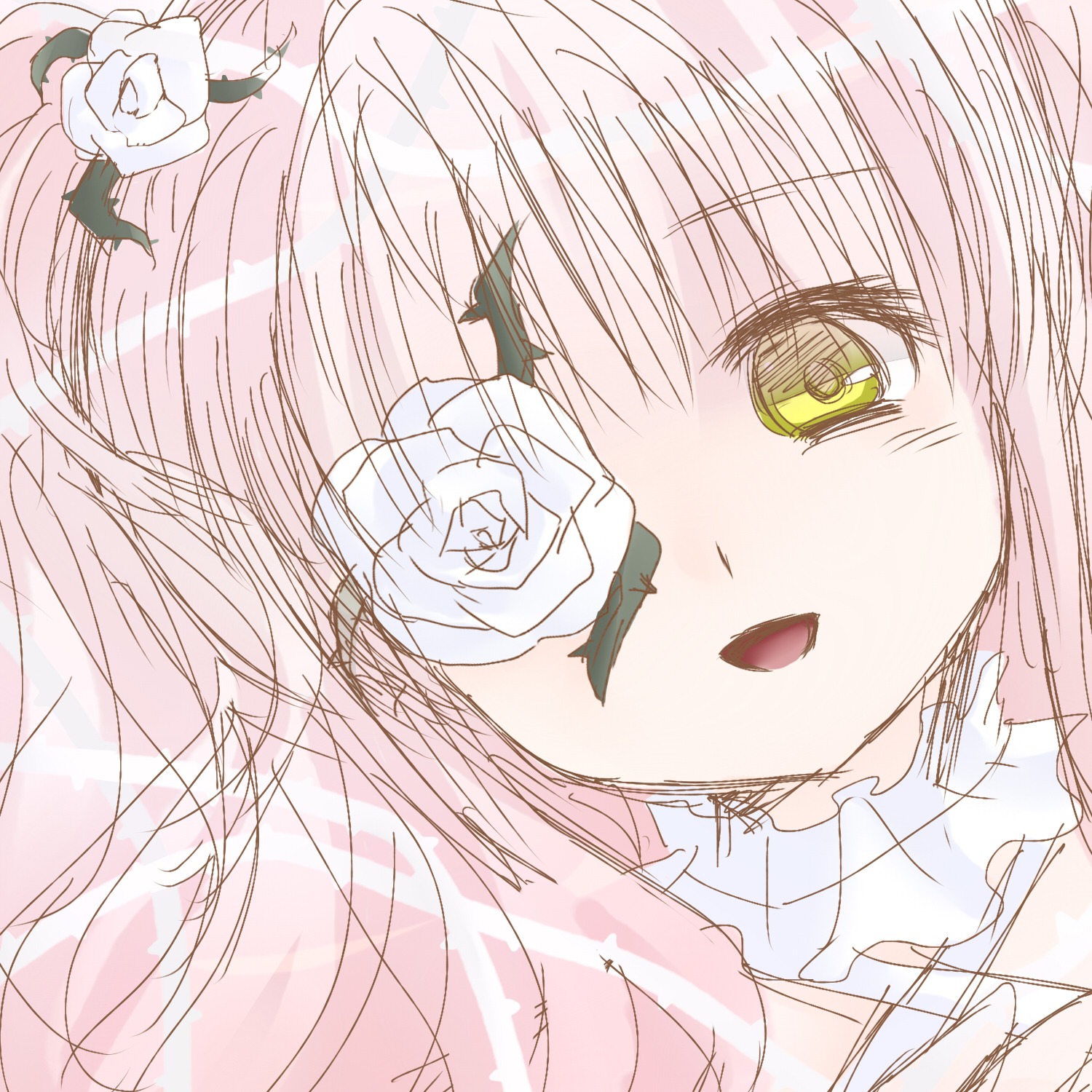 1girl bangs eyebrows_visible_through_hair flower hair_between_eyes hair_flower hair_ornament image kirakishou long_hair looking_at_viewer open_mouth pink_hair rose simple_background smile solo white_background white_flower white_rose yellow_eyes