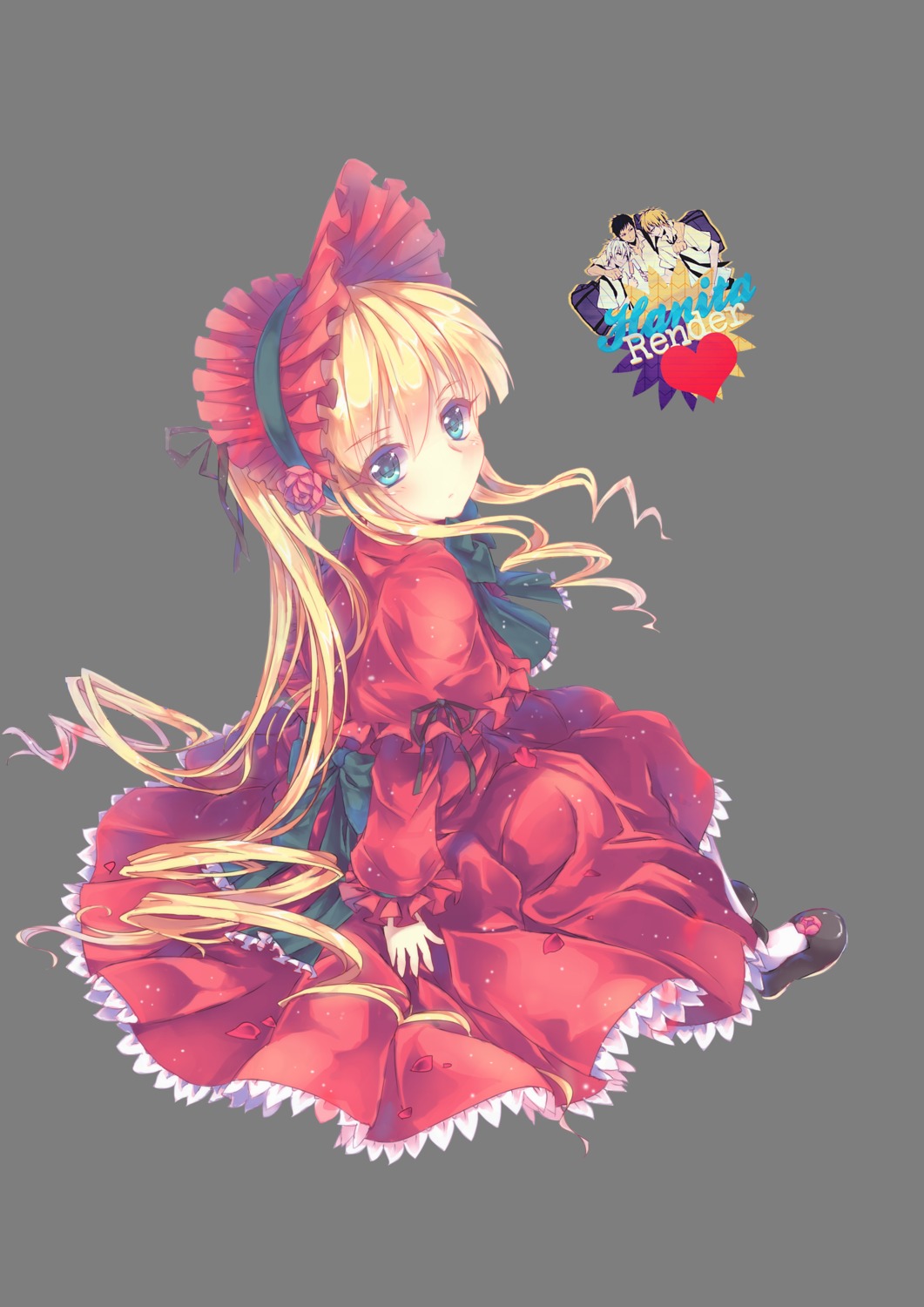 1girl auto_tagged blonde_hair blue_eyes bonnet bow dress flower hairband image long_hair long_sleeves looking_at_viewer red_dress ribbon shinku shoes sitting solo very_long_hair