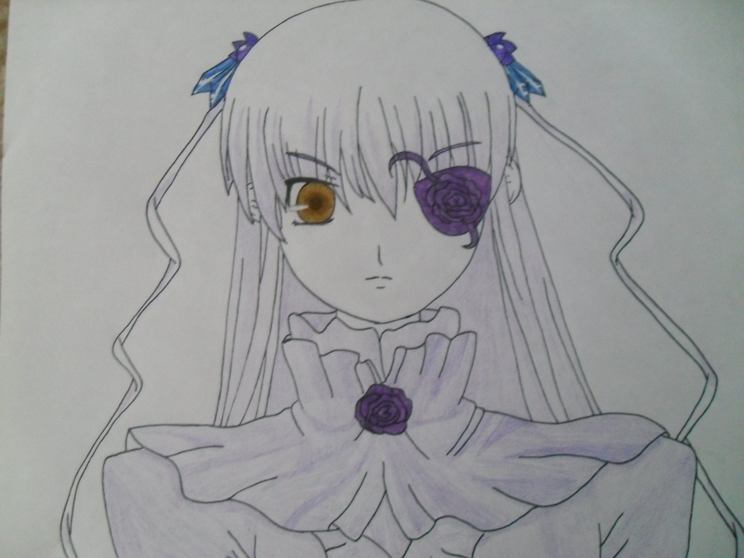 1girl barasuishou dress expressionless eyepatch flower frills frown image long_hair long_sleeves looking_at_viewer purple_rose ribbon rose shinku simple_background solo suigintou traditional_media yellow_eyes