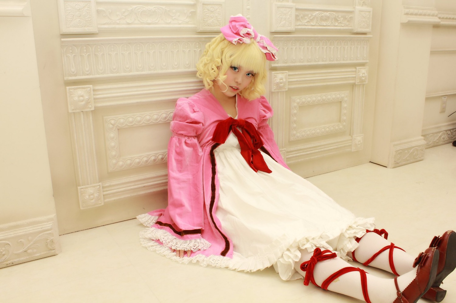 1girl blonde_hair dress hinaichigo ribbon shoes sitting solo