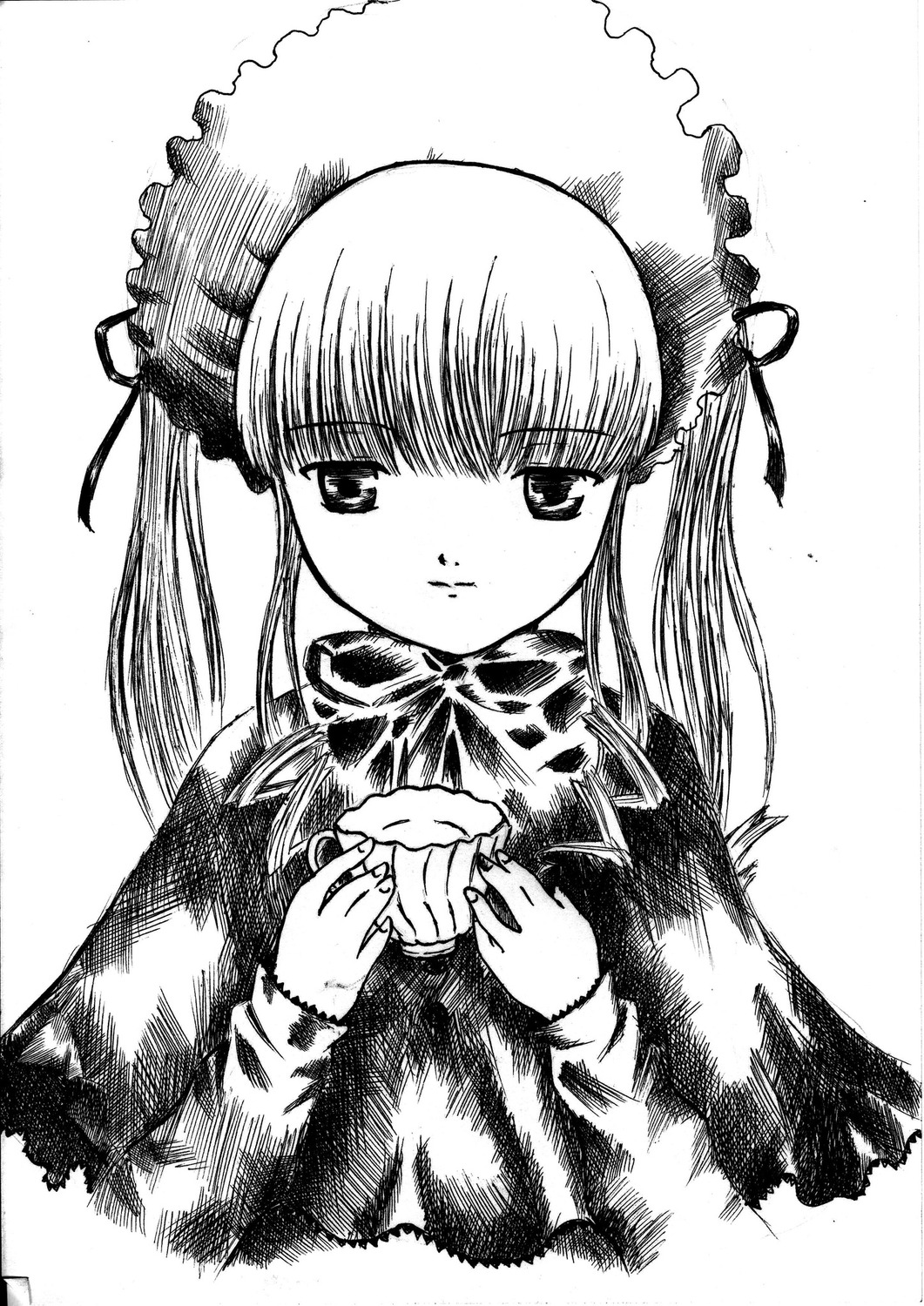 1girl bonnet bow bowtie closed_mouth dress greyscale hat image long_hair long_sleeves looking_at_viewer monochrome own_hands_together ribbon shinku simple_background solo upper_body white_background