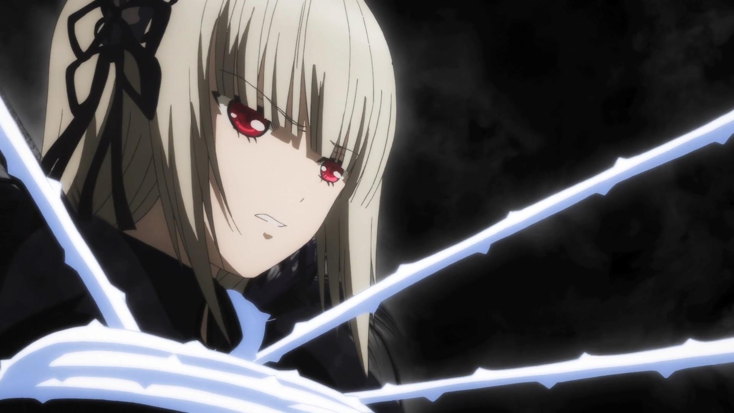 1girl bangs eyebrows_visible_through_hair hair_ribbon image long_hair parted_lips red_eyes ribbon solo suigintou sword weapon