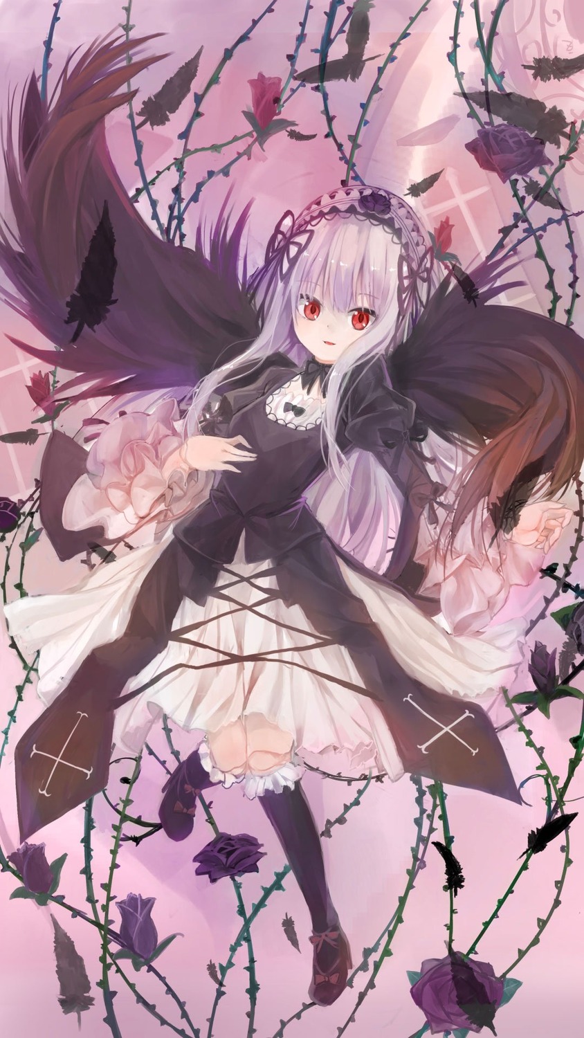 1girl bangs black_dress black_footwear black_ribbon black_wings dress feathers flower frills hairband image lolita_fashion long_hair long_sleeves looking_at_viewer plant red_eyes ribbon rose solo suigintou thorns vines wings