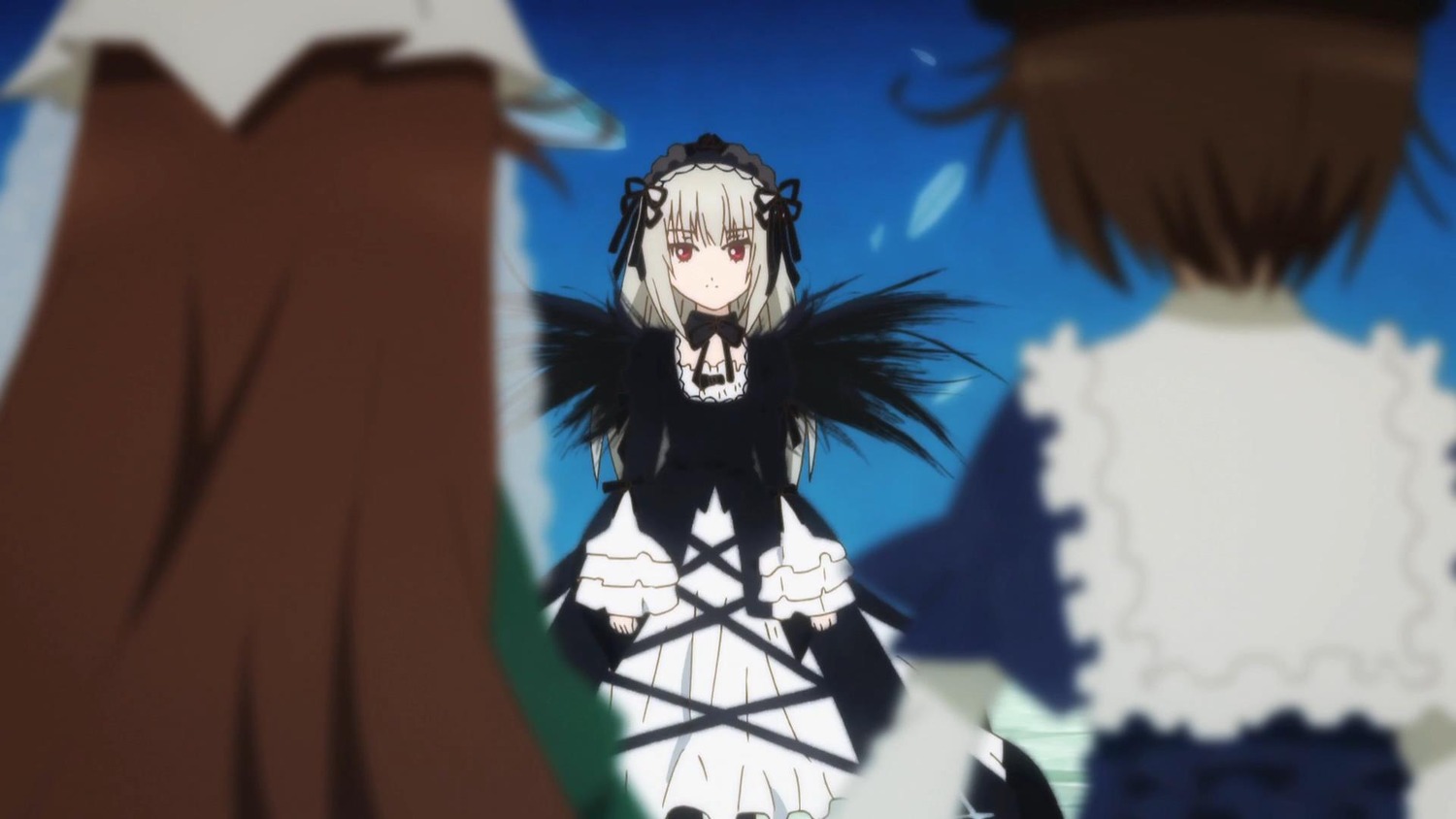 1boy 1girl black_dress black_wings blurry blurry_background blurry_foreground brown_hair depth_of_field dress feathered_wings frills gothic_lolita hairband image lolita_fashion lolita_hairband long_hair long_sleeves motion_blur multiple multiple_girls red_eyes silver_hair solo_focus suigintou tagme wings