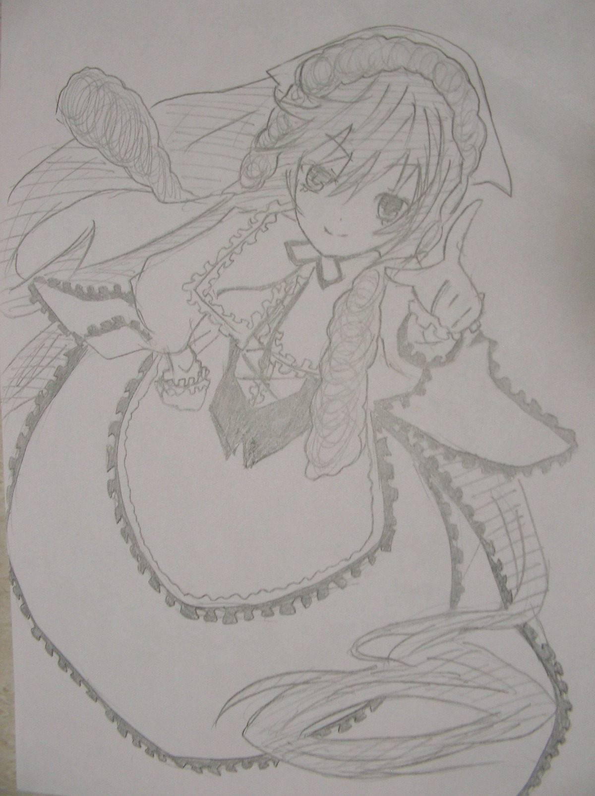 1girl dress frills greyscale image index_finger_raised long_hair looking_at_viewer monochrome monster_girl smile solo suiseiseki traditional_media wings