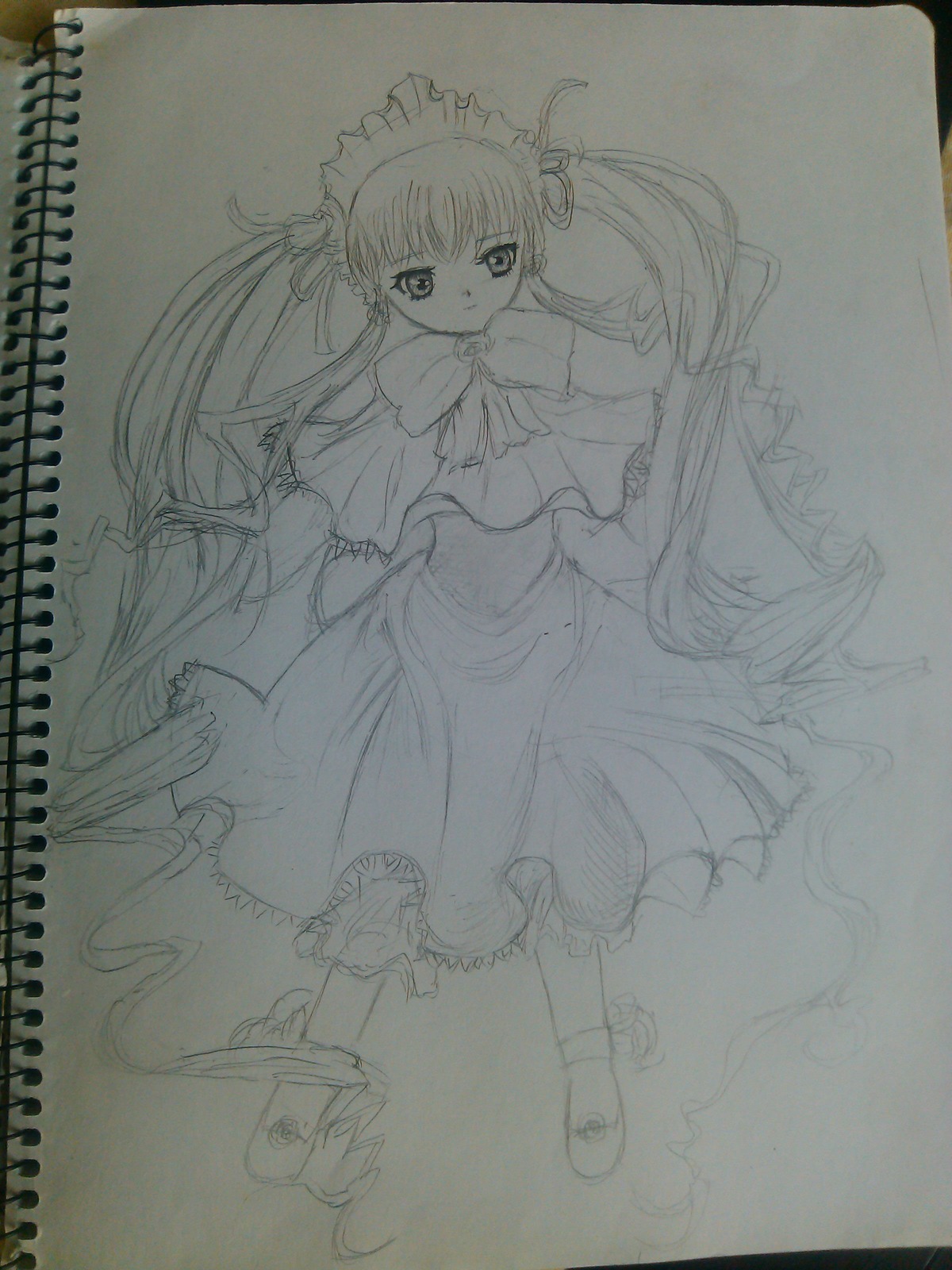 1girl bow bowtie dress frills full_body greyscale image long_hair long_sleeves looking_at_viewer monochrome photo shinku shoes simple_background sketch solo standing traditional_media twintails very_long_hair