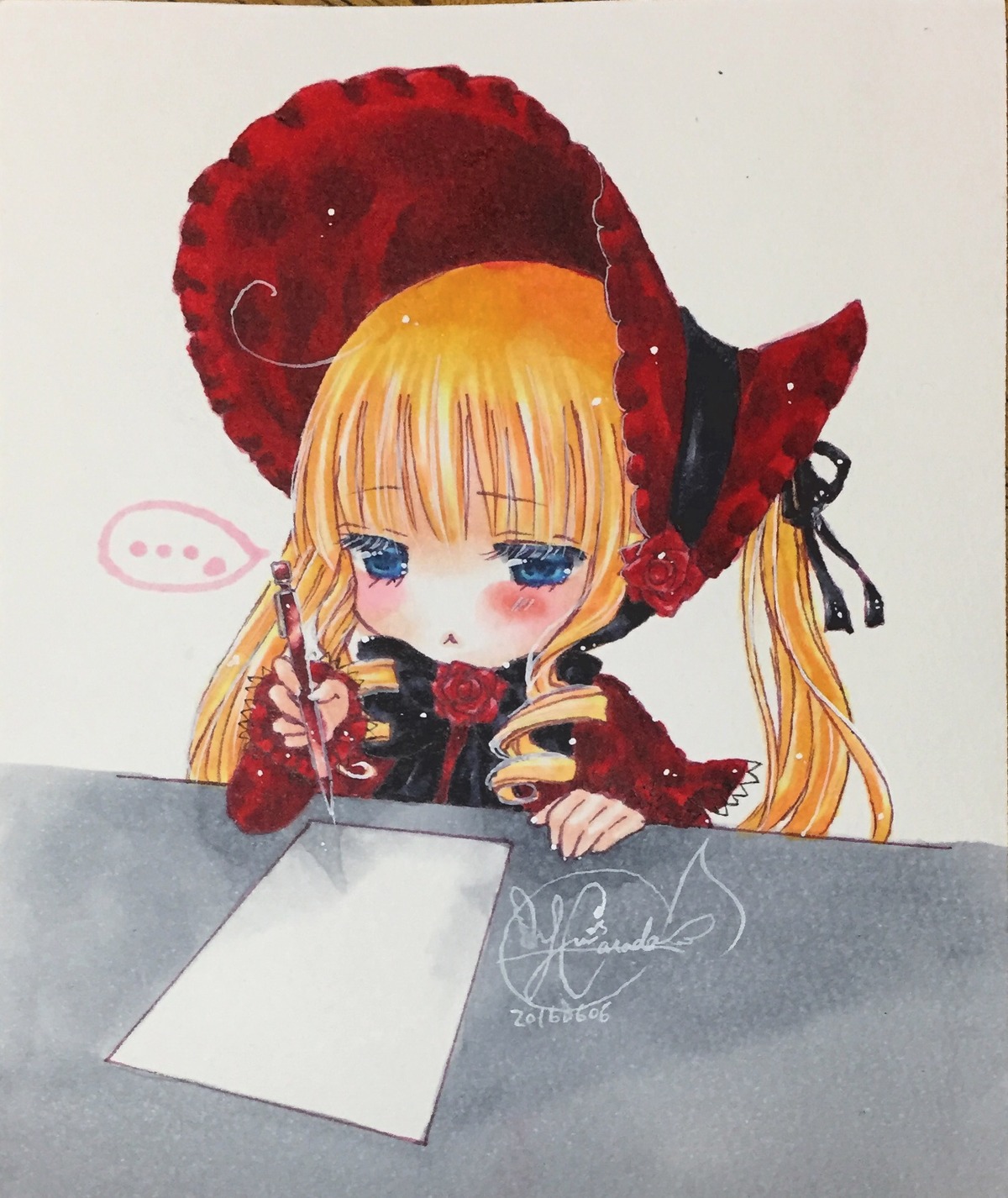 1girl blonde_hair blue_eyes blush bonnet bow dress drill_hair flower image in_box in_container long_hair photo pink_rose red_flower red_rose rose shinku simple_background solo traditional_media twintails