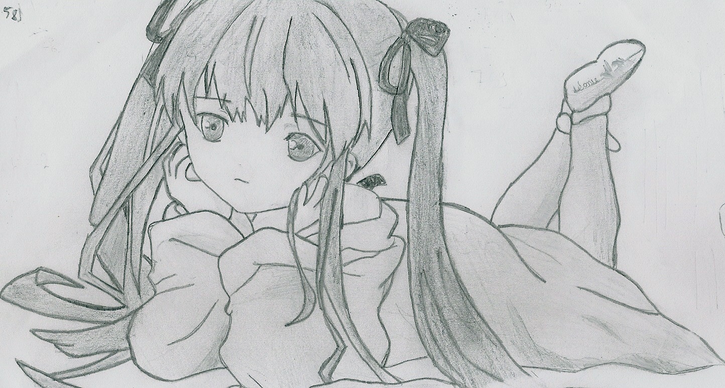 1girl auto_tagged bangs closed_mouth eyebrows_visible_through_hair graphite_(medium) hair_ribbon image long_hair looking_at_viewer lying monochrome on_stomach photo ribbon shinku signature solo traditional_media twintails
