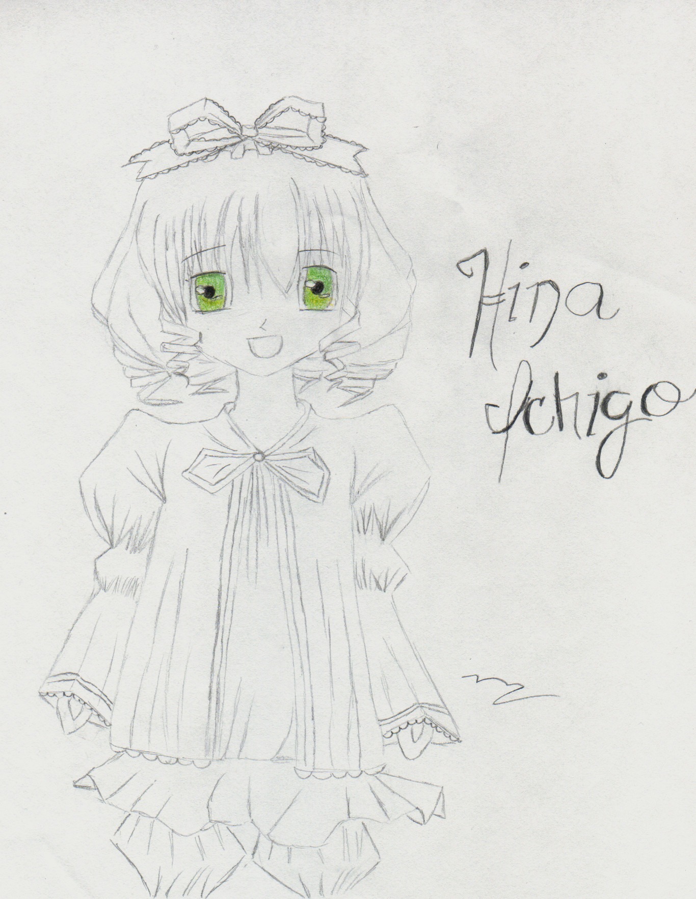 1girl blush dress eyebrows_visible_through_hair green_eyes hina_ichigo hinaichigo image long_sleeves looking_at_viewer monochrome open_mouth puffy_sleeves ribbon simple_background smile solo standing