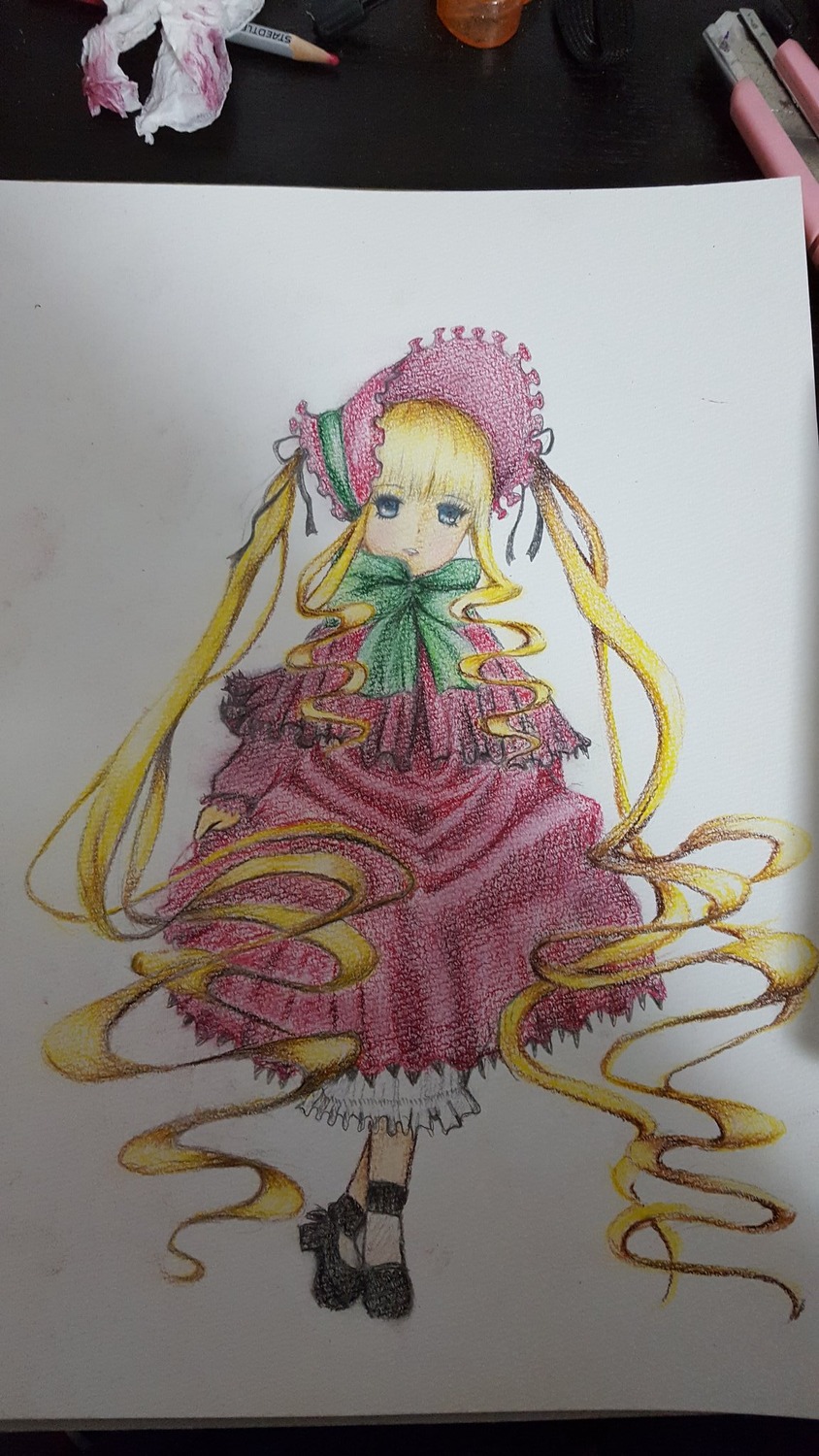 1girl blonde_hair blue_eyes bonnet bow bowtie dress full_body green_bow image long_hair long_sleeves looking_at_viewer photo red_dress shinku shoes simple_background sitting solo standing traditional_media twintails very_long_hair watercolor_(medium)