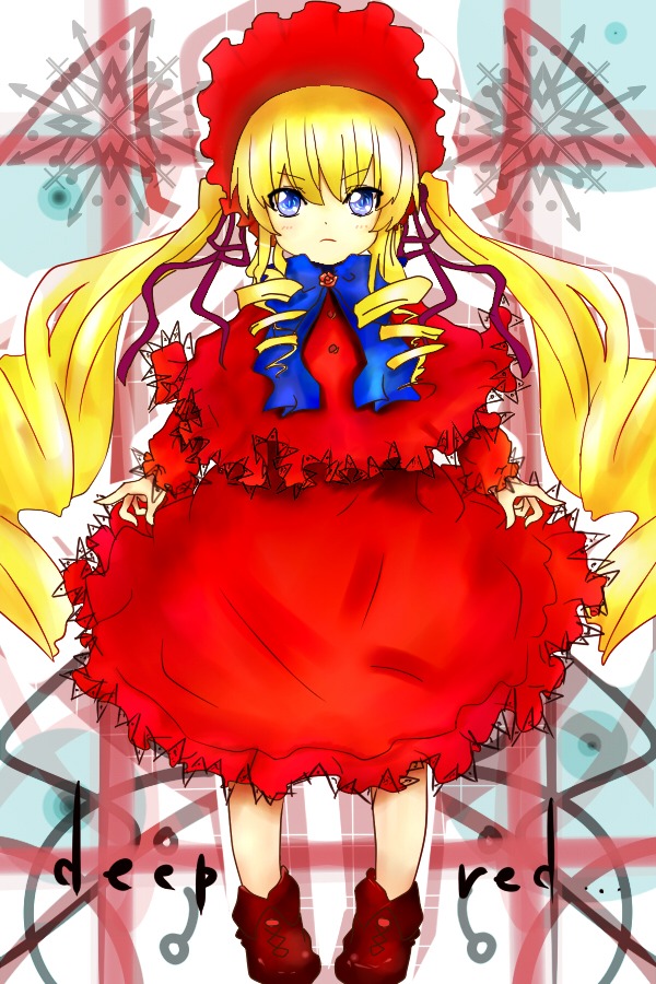 1girl blonde_hair blue_eyes blush bonnet bowtie dress drill_hair frills full_body image long_hair long_sleeves looking_at_viewer red_dress shinku shoes solo standing twin_drills twintails very_long_hair