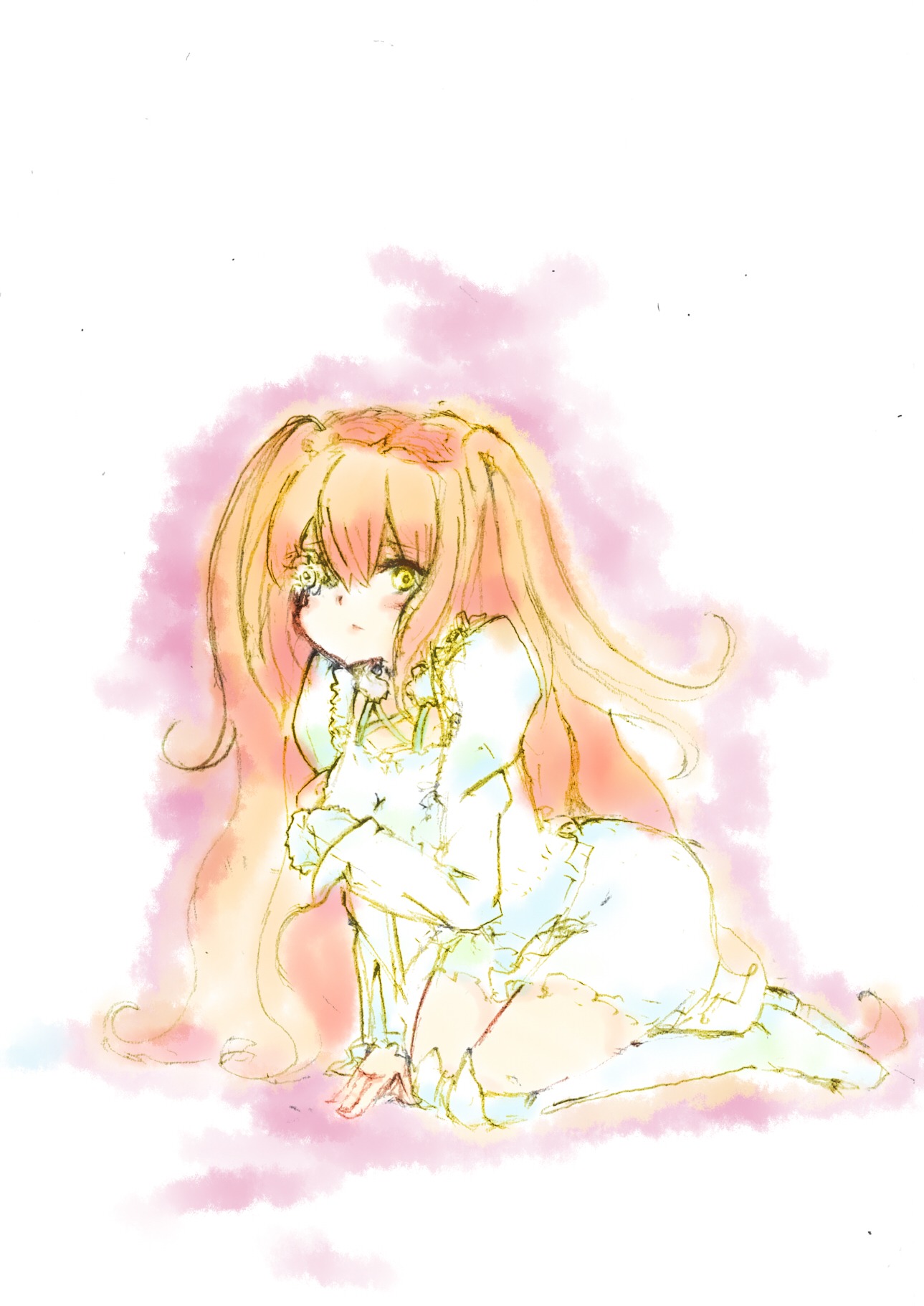 1girl blush dress image kirakishou long_hair long_sleeves pink_hair sitting solo very_long_hair white_dress yellow_eyes