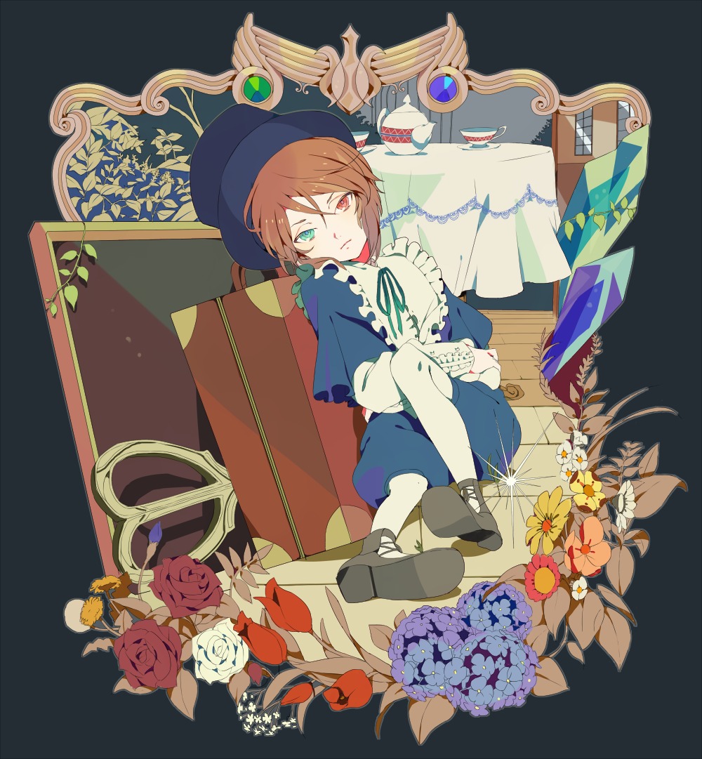 1boy 1girl bad_id bad_pixiv_id brown_hair capelet cup flower frown green_eyes hat heterochromia image kawwa pantyhose red_eyes rozen_maiden scissors simple_background sitting solo souseiseki table teacup teapot
