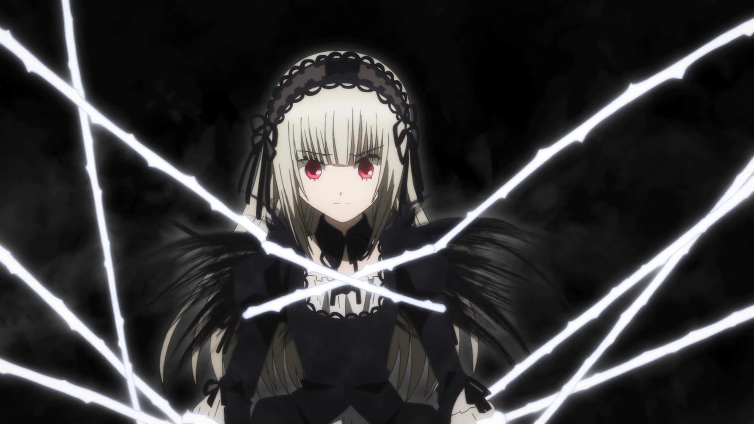 1girl bangs black_background black_dress black_ribbon black_wings closed_mouth detached_collar dress flower frills gothic_lolita hairband image lolita_fashion long_hair long_sleeves looking_at_viewer red_eyes ribbon rose silver_hair solo suigintou very_long_hair weapon wings