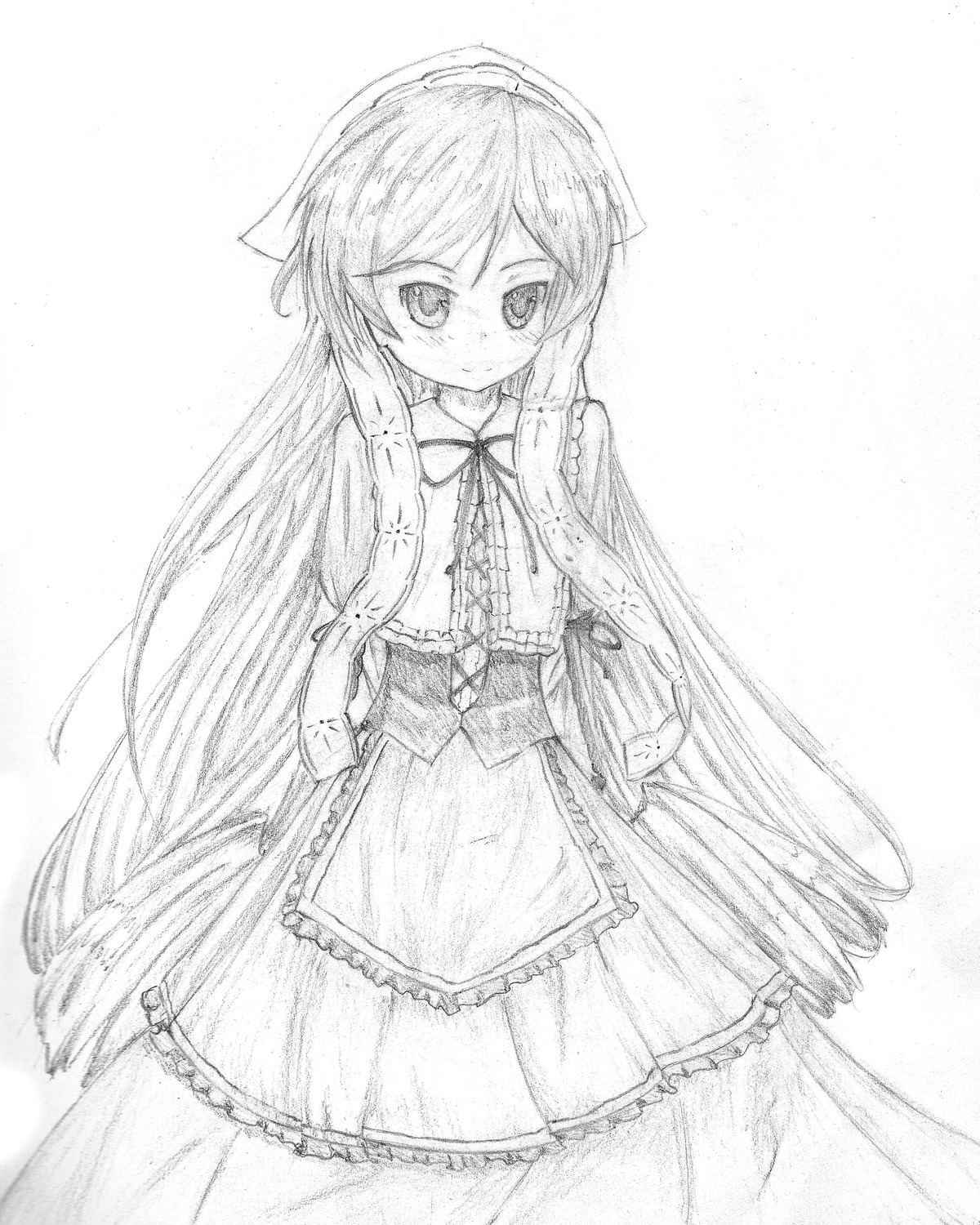 1girl blush dress graphite_(medium) greyscale image long_hair long_sleeves looking_at_viewer monochrome ribbon smile solo suiseiseki traditional_media very_long_hair