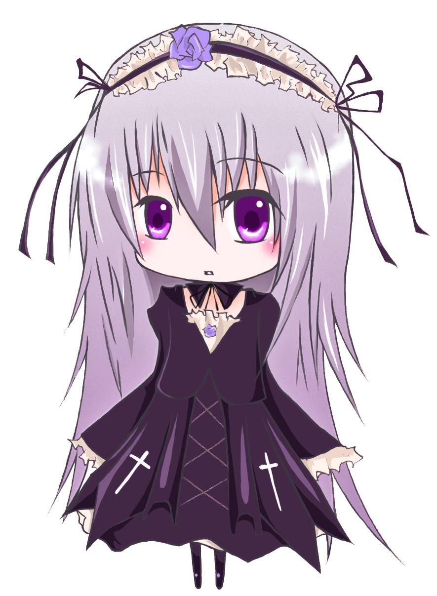 1girl auto_tagged blush chibi dress flower frills full_body hairband image long_hair long_sleeves purple_eyes ribbon silver_hair simple_background solo standing suigintou very_long_hair white_background