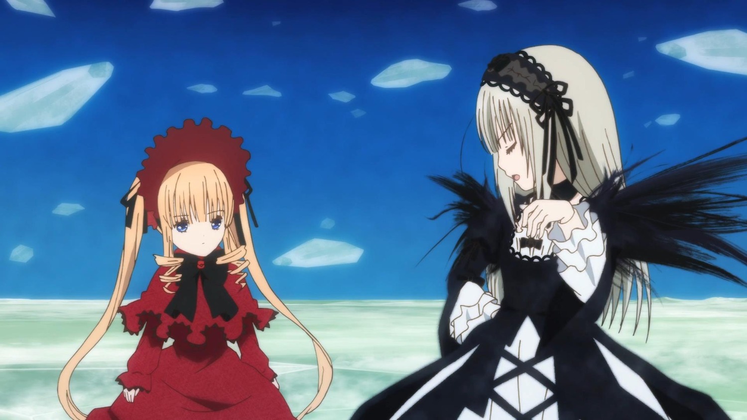 2girls auto_tagged black_ribbon black_wings blonde_hair bonnet closed_eyes day dress flower frills hairband image long_hair long_sleeves multiple_girls outdoors pair red_dress shinku silver_hair sky suigintou twintails very_long_hair wings