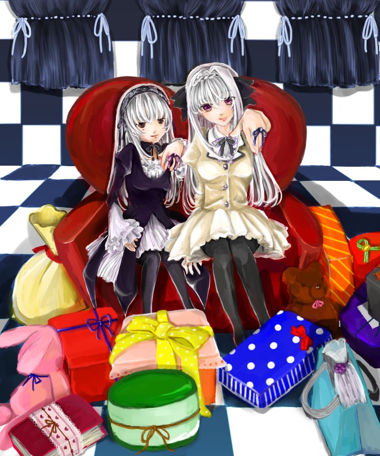 2girls argyle argyle_background argyle_legwear black_legwear board_game boots checkerboard_cookie checkered checkered_background checkered_floor checkered_kimono checkered_skirt chess_piece cookie flag floor gift hairband image lolita_fashion lolita_hairband mirror multiple_girls on_floor pantyhose perspective race_queen reflection silver_hair sitting solo stuffed_animal suigintou thighhighs tile_floor tiles umbrella vanishing_point white_hair wings