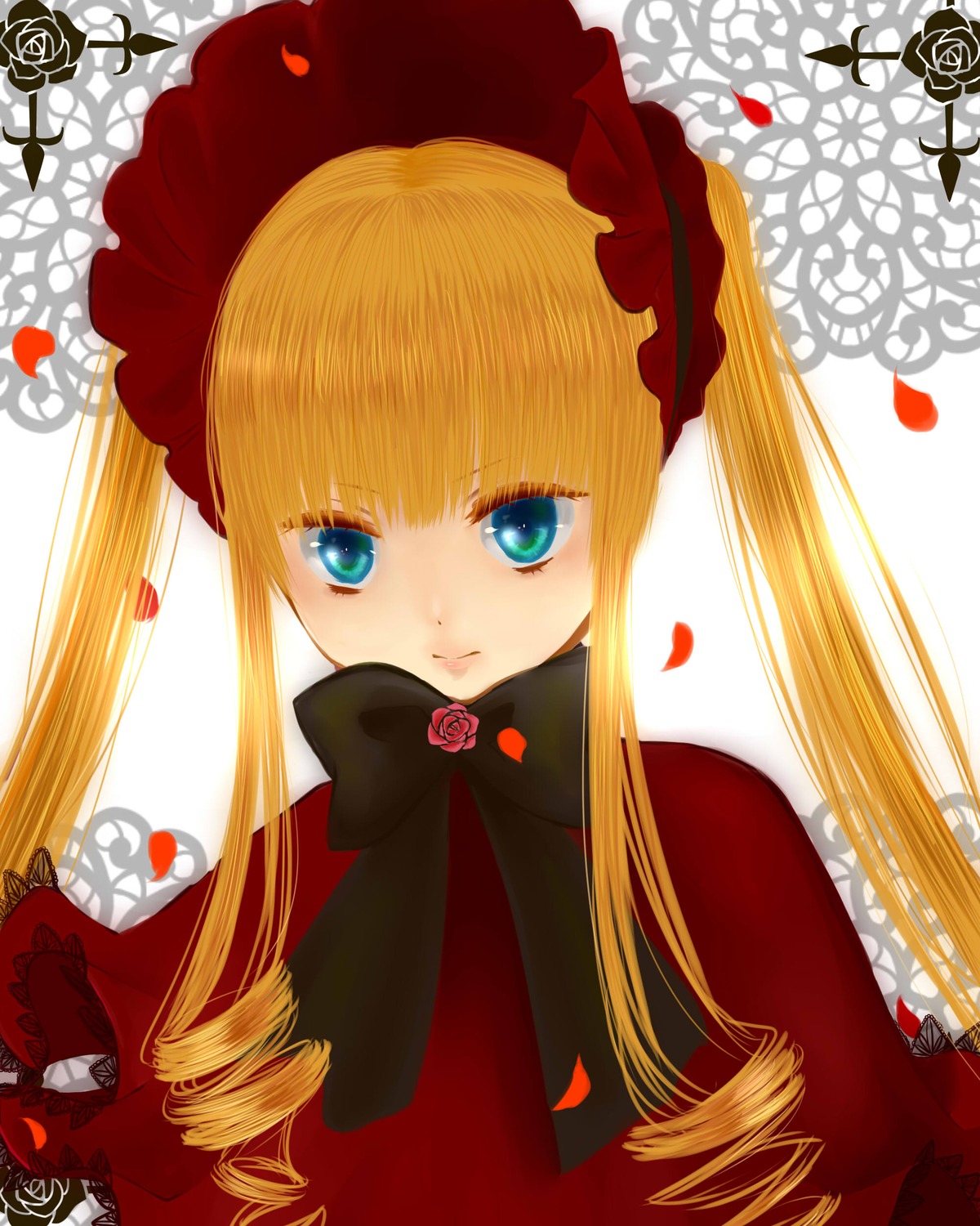 1girl blonde_hair blue_eyes bow bowtie drill_hair flower image long_hair looking_at_viewer petals red_flower ringlets rose rose_petals shinku solo twin_drills twintails