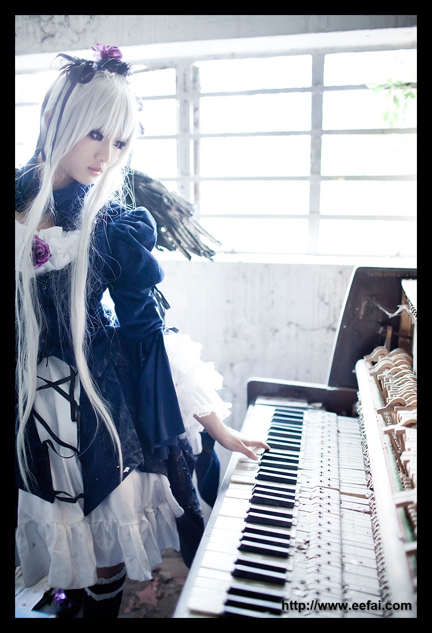 1girl blue_eyes dress flower frills hair_ornament instrument letterboxed long_hair music piano pillarboxed playing_instrument rose sheet_music silver_hair sitting solo suigintou very_long_hair window wings