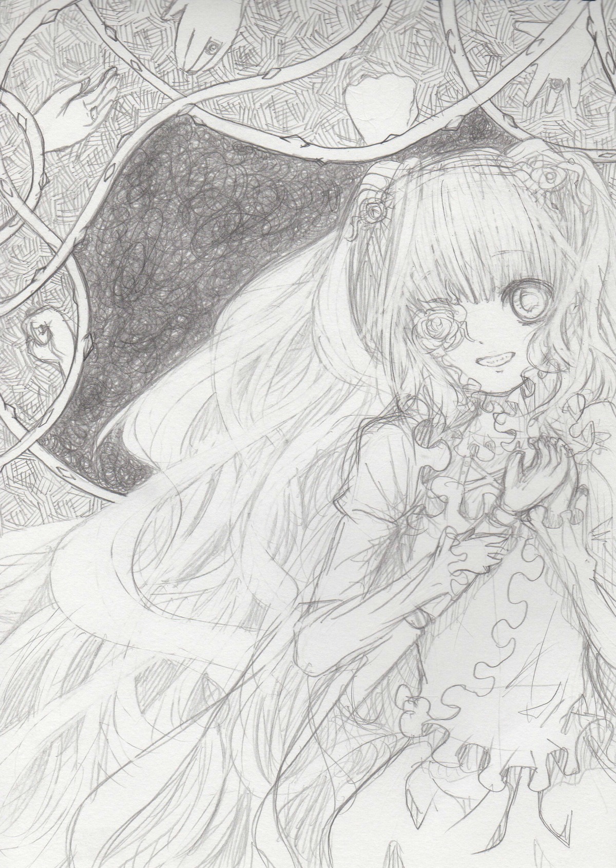 1girl frills hair_ornament hairband image kirakishou komeiji_satori long_hair long_sleeves looking_at_viewer monochrome smile solo traditional_media wide_sleeves