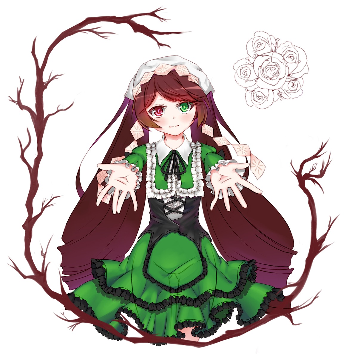 1girl brown_hair dress flower frills green_dress green_eyes head_scarf heterochromia image long_hair long_sleeves looking_at_viewer outstretched_hand red_eyes solo suiseiseki tree twintails very_long_hair