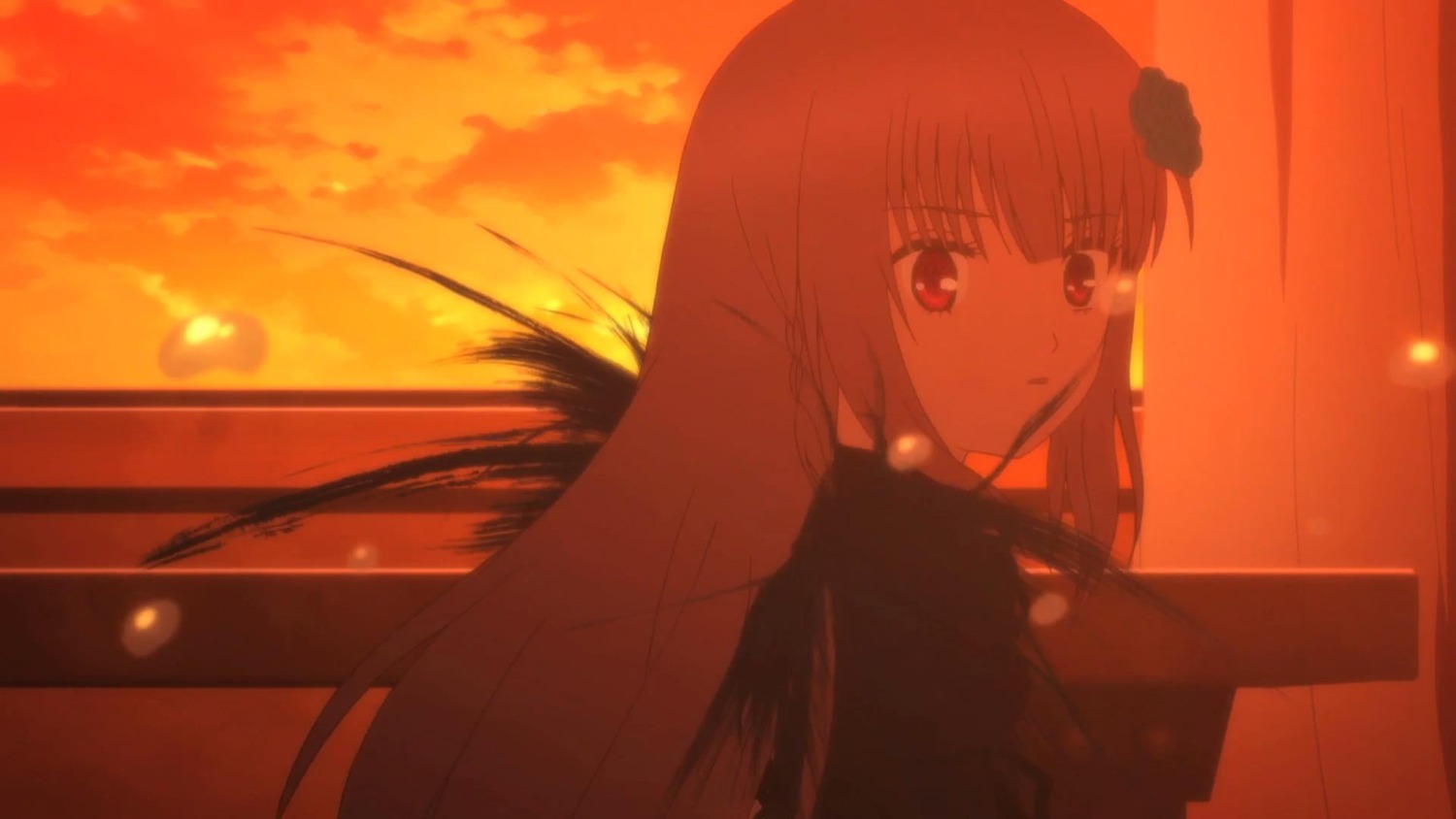 1girl bangs cloud evening eyebrows_visible_through_hair hair_flower hair_ornament image long_hair looking_at_viewer orange_sky red_eyes red_sky red_theme sky solo suigintou sunset upper_body