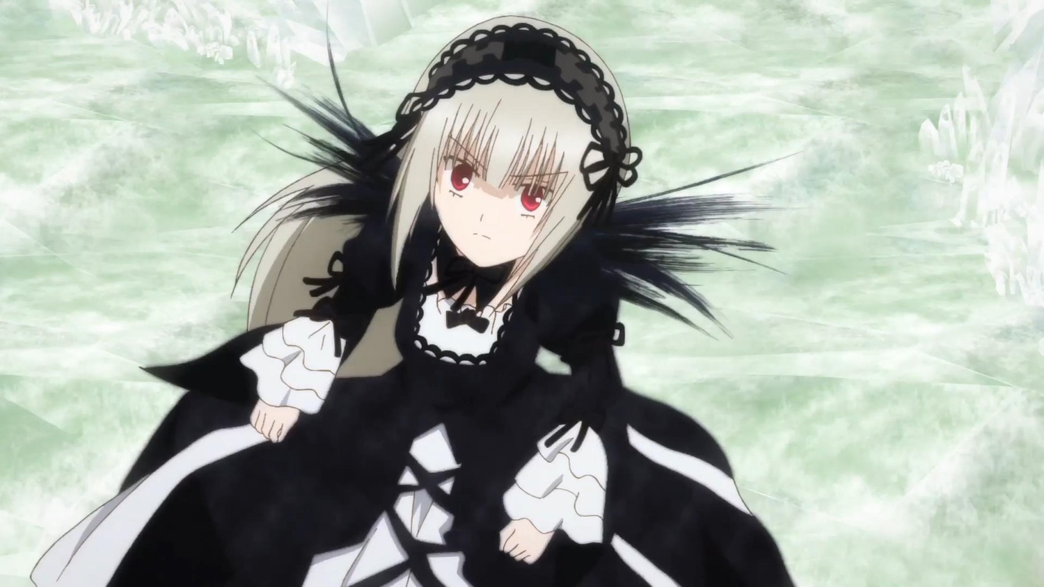 1girl bangs black_dress black_ribbon closed_mouth dress frills hairband image long_hair long_sleeves looking_at_viewer outdoors red_eyes ribbon silver_hair solo suigintou