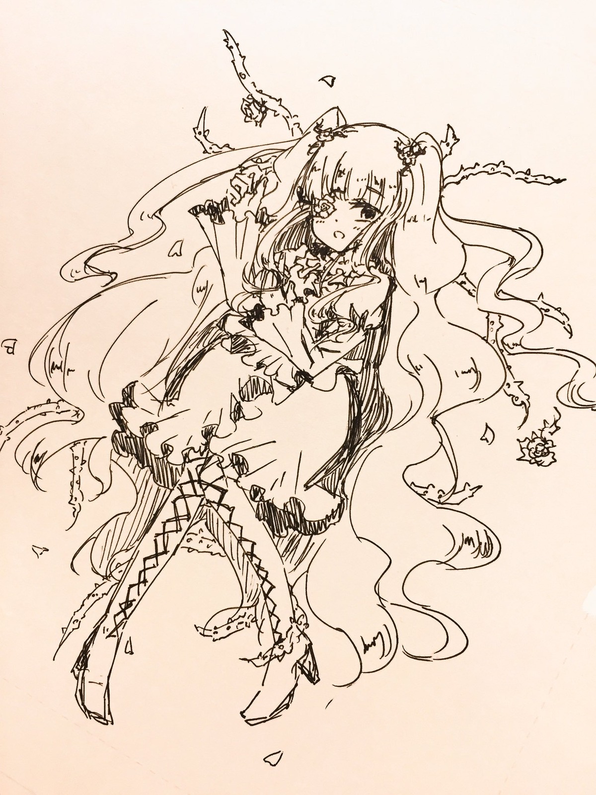 1girl boots bow dress flower frills image kirakishou long_hair long_sleeves monochrome solo very_long_hair